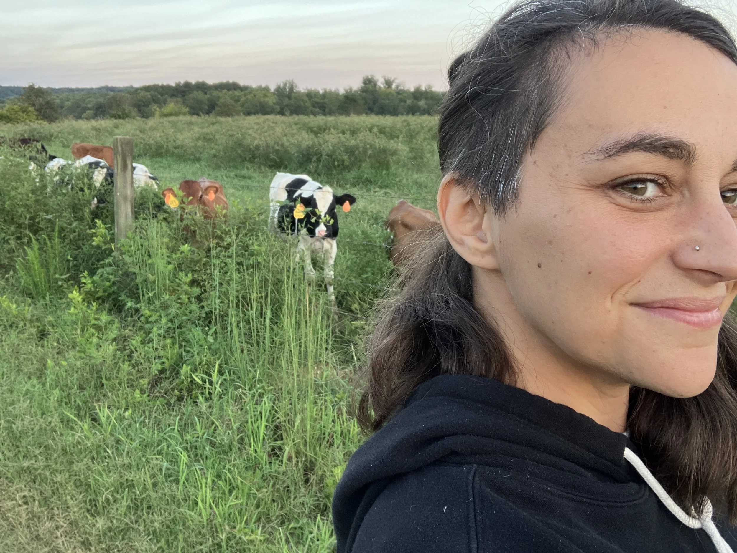 A woman with dark hair and a nose piercing smiling in front of a green field with cows grazing in the background at sunset.