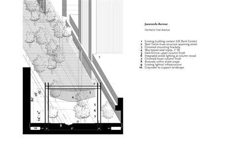 Landscape architectural plan showing layout of trees, pathways, and structural elements with labels and measurements.