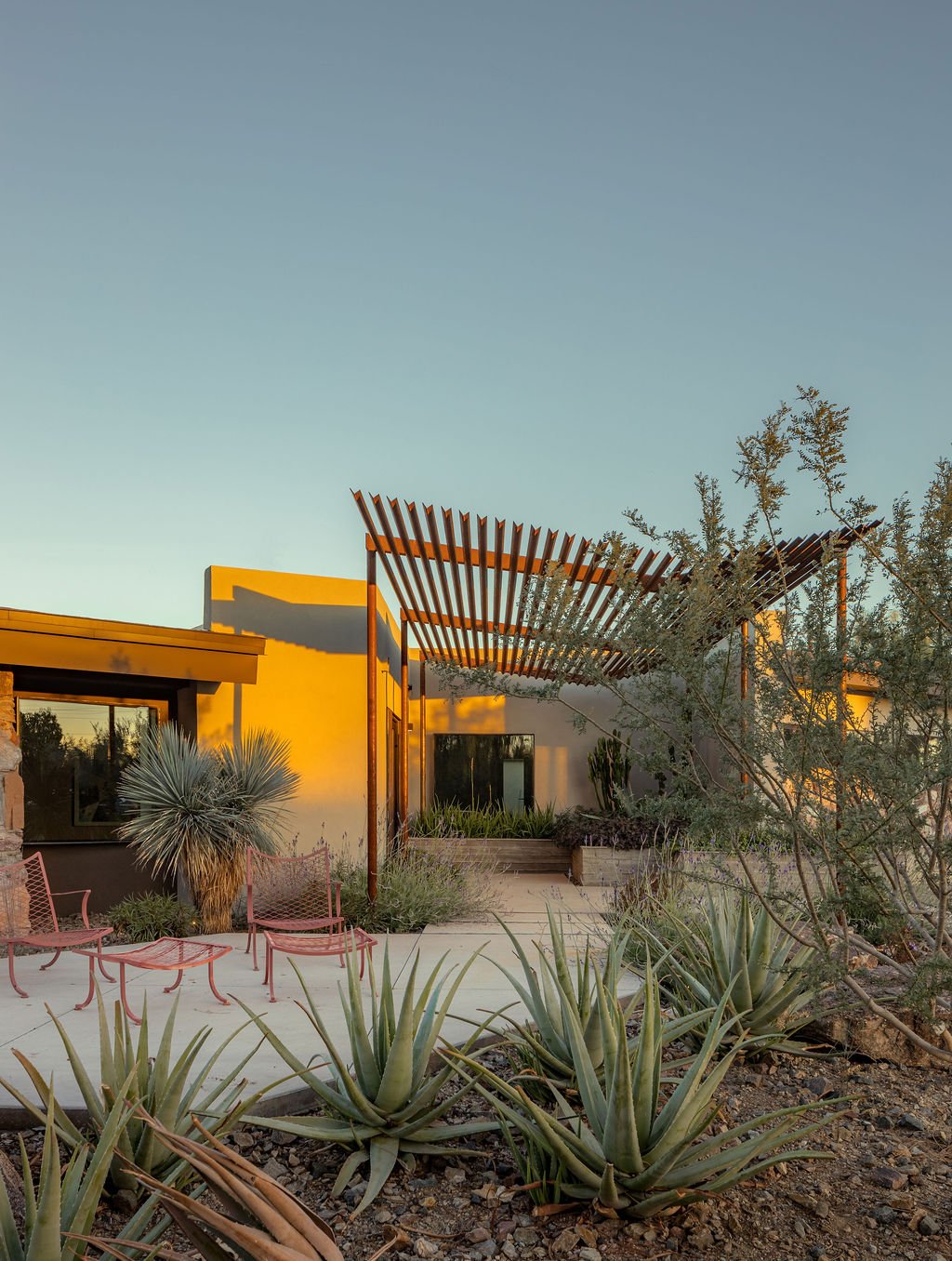 A modern desert-style house with a light-colored stucco exterior, wooden accents, and landscaping featuring succulents and drought-tolerant plants, with the warm glow of sunset lighting.