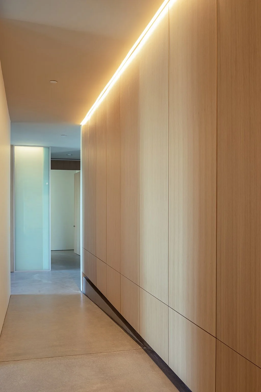 Modern hallway with light wood paneling on the right wall, a strip of LED lighting along the ceiling, and a frosted glass door on the left.