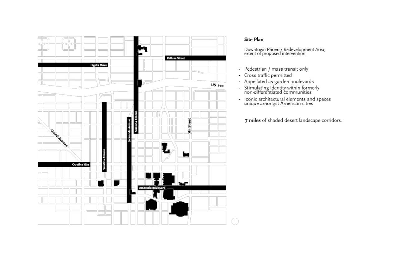 Map of downtown Phoenix redevelopment area showing streets and shaded landscape corridors with a site plan key listing intervention features.