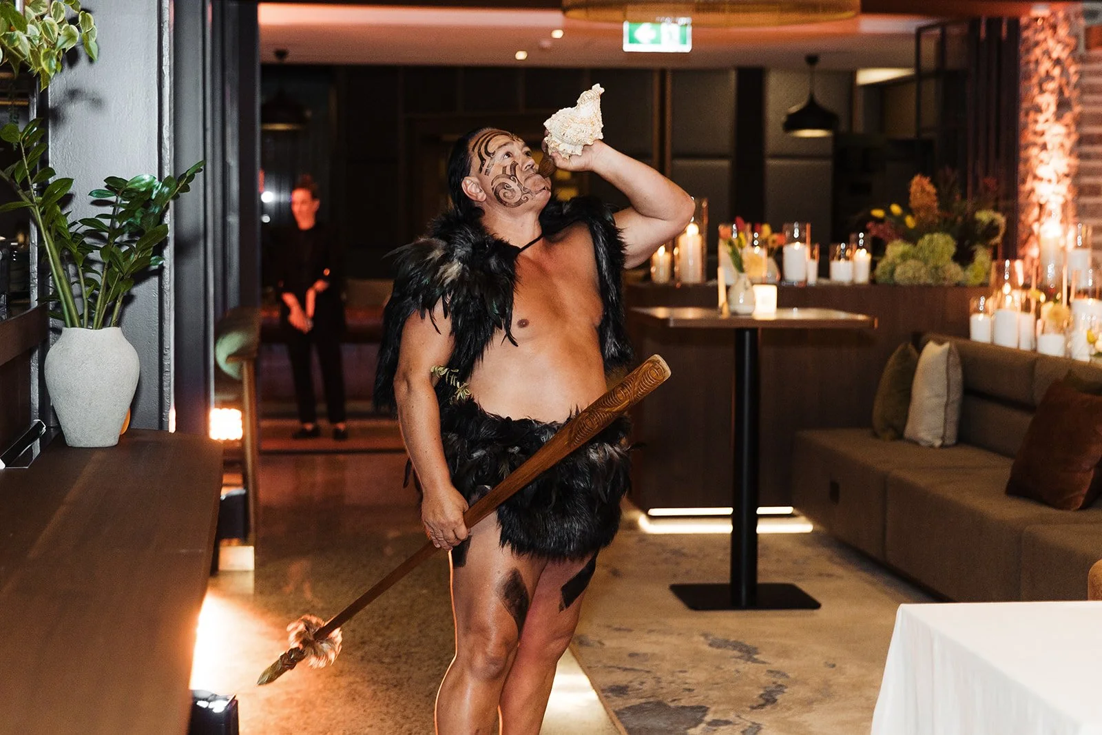 Joe from Wanahaka performing Roam organised New Zealand Maori cultural welcome at Coronet Ridge Hotel in Queenstown new Zealand for a corporate incentive program from Singapore