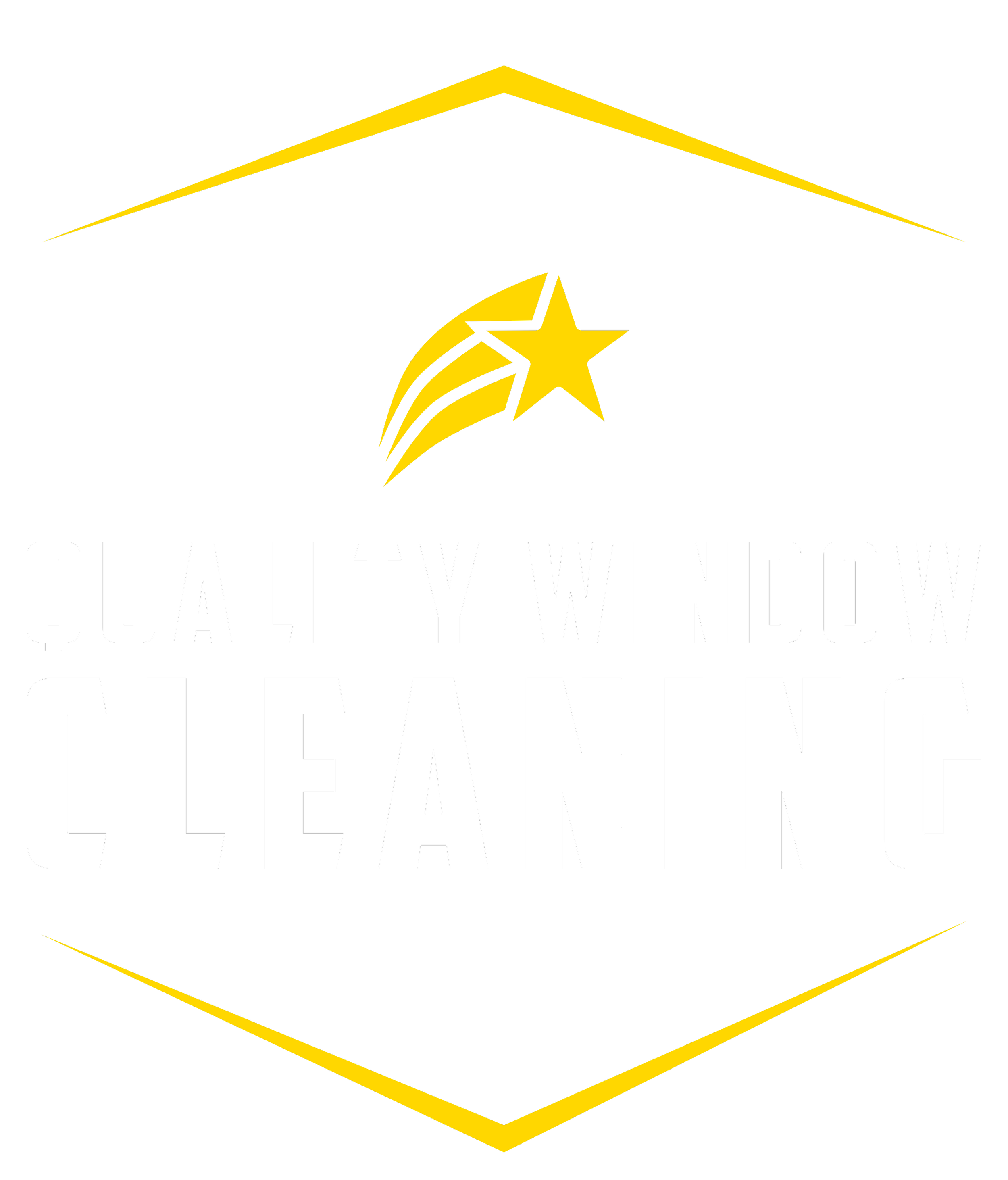 Black background with yellow and white text and graphics promoting quality window cleaning services. Includes a star with a trail and a geometric border.