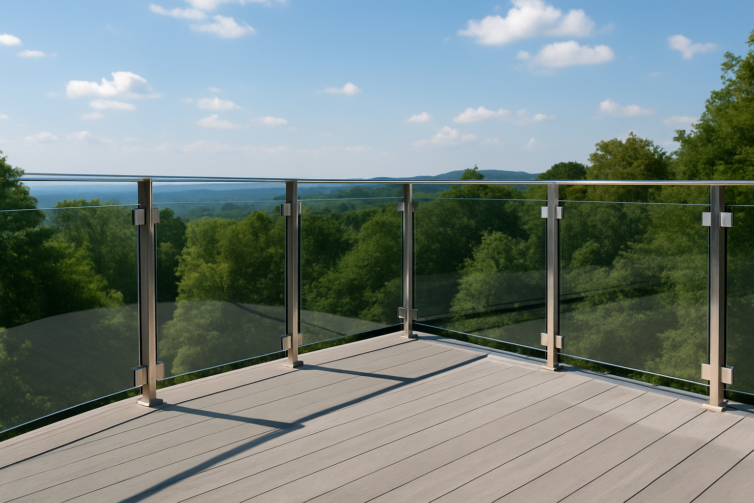 Empty outdoor balcony with glass railing overlooking lush green trees and distant hills under a partly cloudy blue sky.