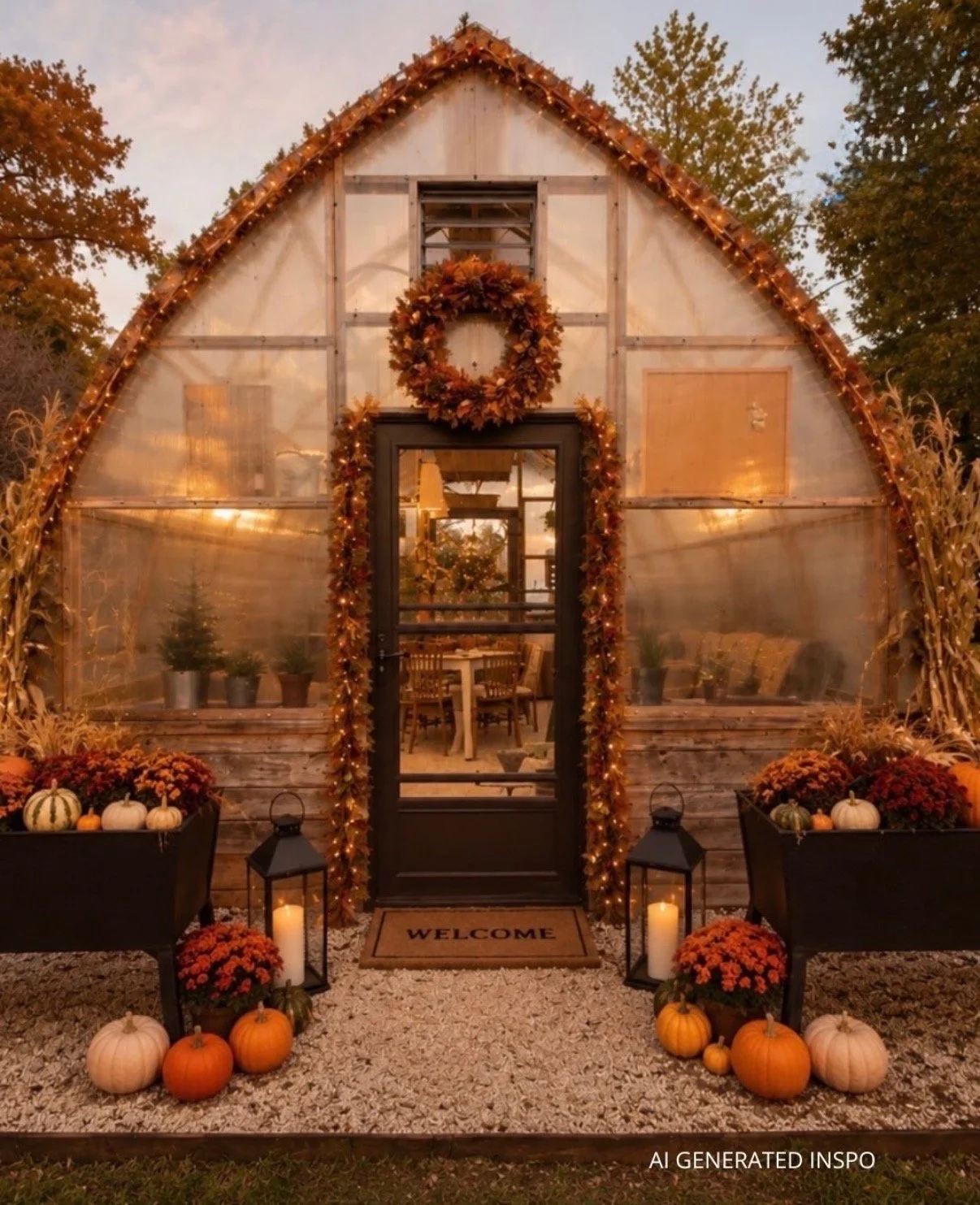 A decorated greenhouse with fall decorations including pumpkins, mums, lanterns, and autumn wreaths. The entrance has a "Welcome" mat, and the interior is visible through the door, showing a dining area with a table and chairs. The exterior is adorned with string lights and garlands, and there are corn stalks on either side of the greenhouse.