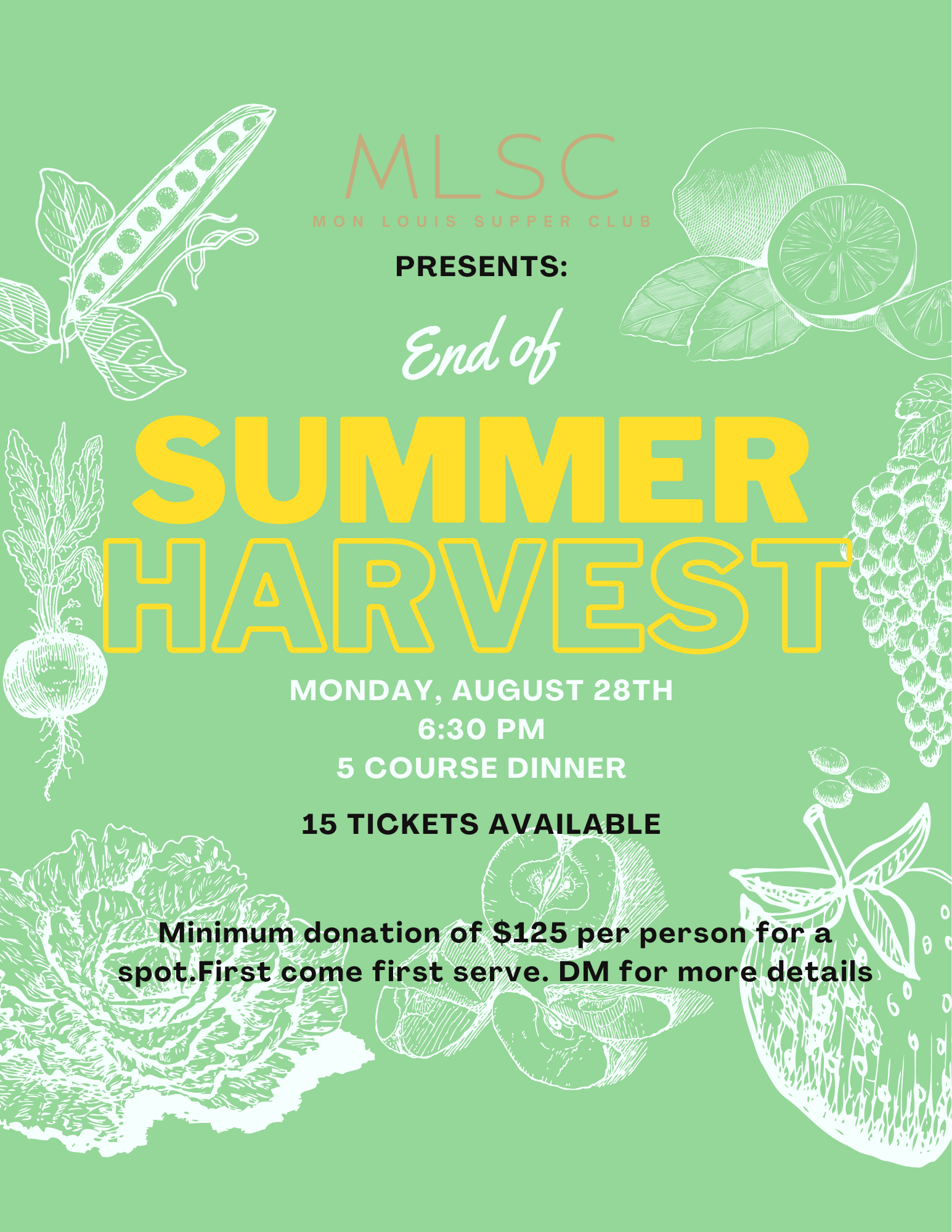 Green flyer for an end of summer harvest event hosted by Mon Louis Super Club featuring illustrations of vegetables and fruits, and event details including date, time, and ticket information.