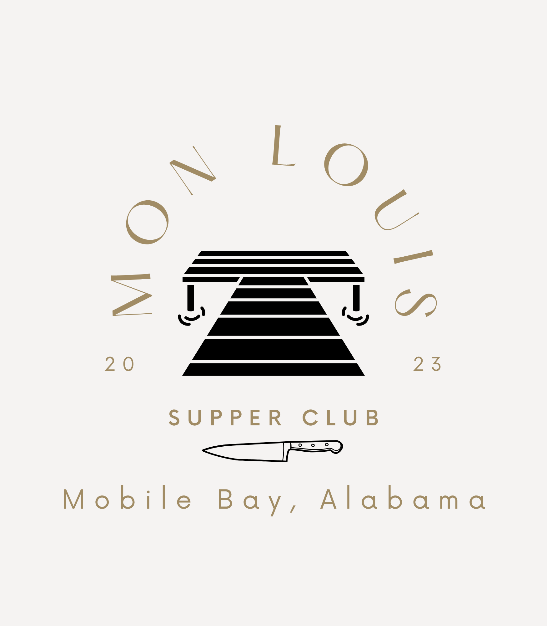 Graphic for Mobile Bay Alabama Super Club 2023 event featuring black stylized pier with a fish silhouette at the bottom, surrounded by the texts '2023', 'Super Club', and 'Mobile Bay, Alabama' with floating letters 'O' and 'U' around.