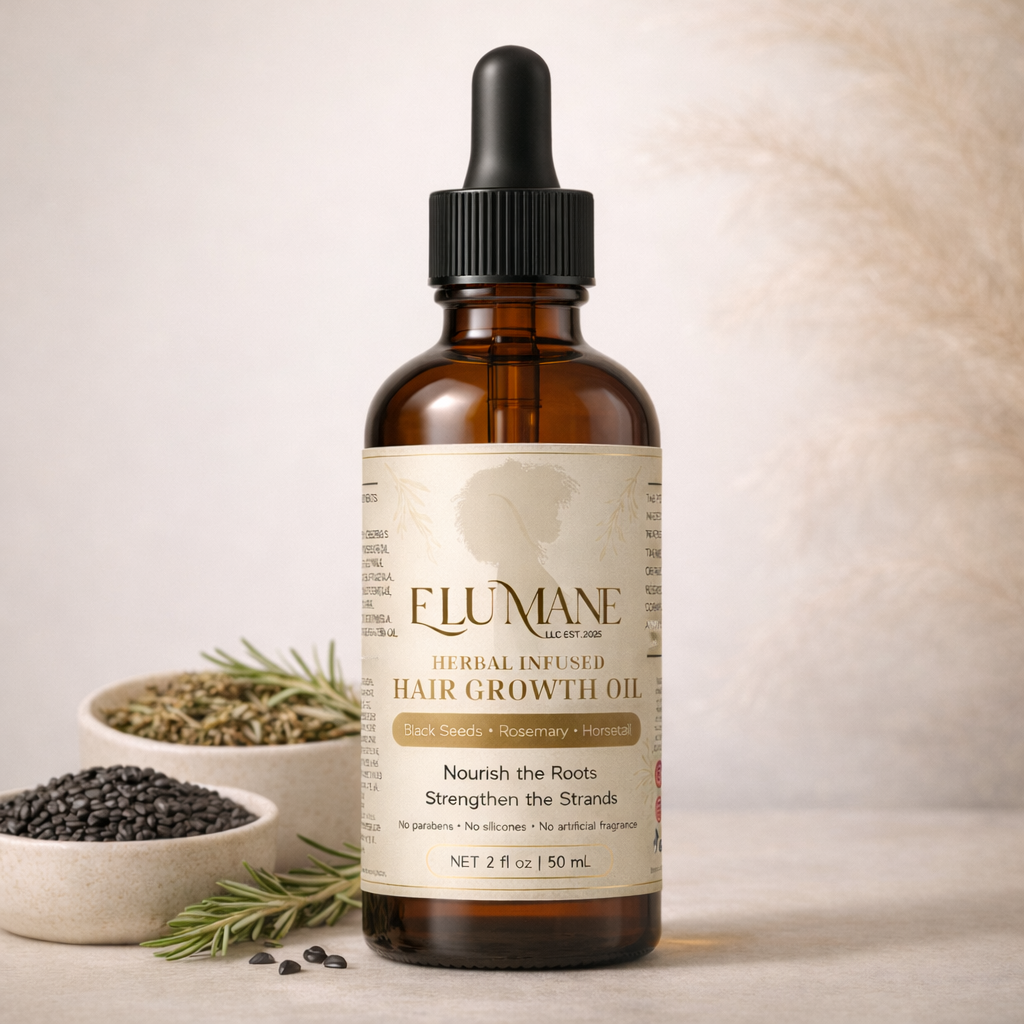 A brown glass bottle of Elumane herbal infused hair growth oil with a dropper cap, placed beside bowls of black seeds and herbs on a light background.