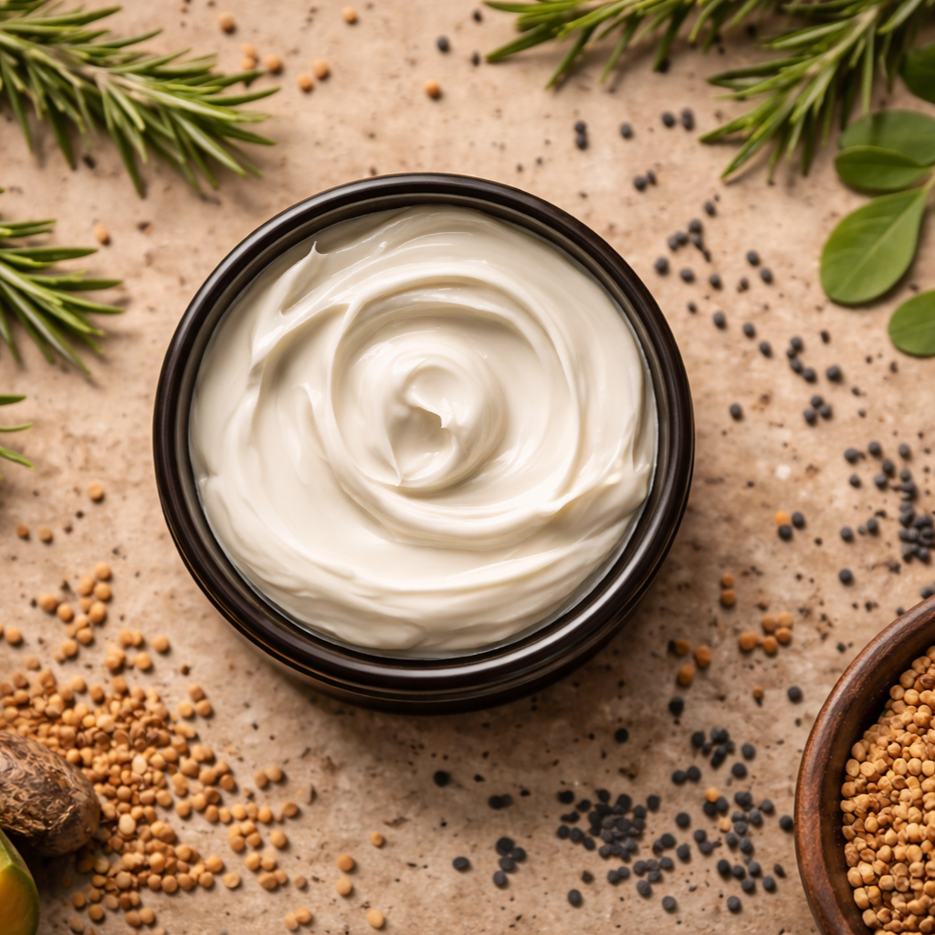 A jar of creamy white moisturizer or cream on a beige surface, surrounded by rosemary, green leaves, and scattered black seeds.