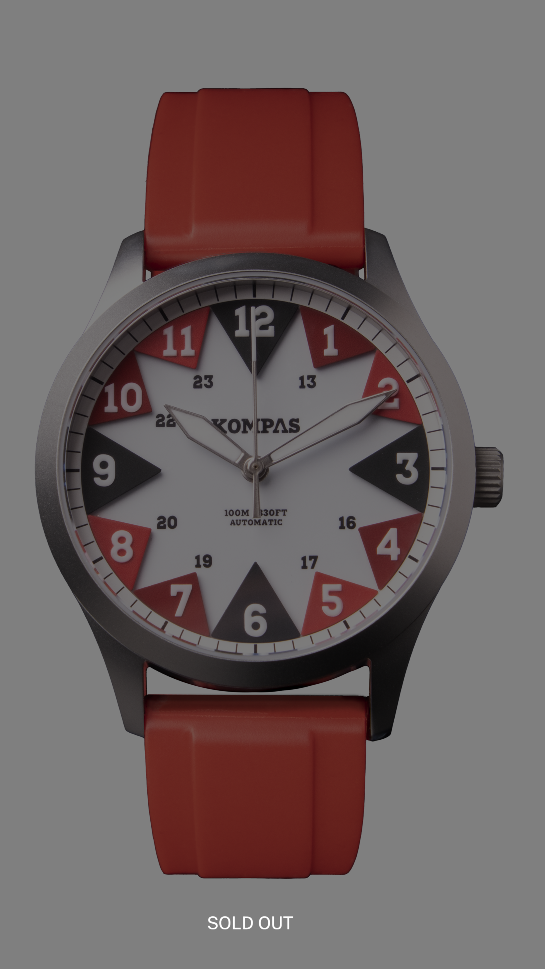 A wristwatch with a red strap, black and red hour markers, white dial, and black, red, and white accents on the face