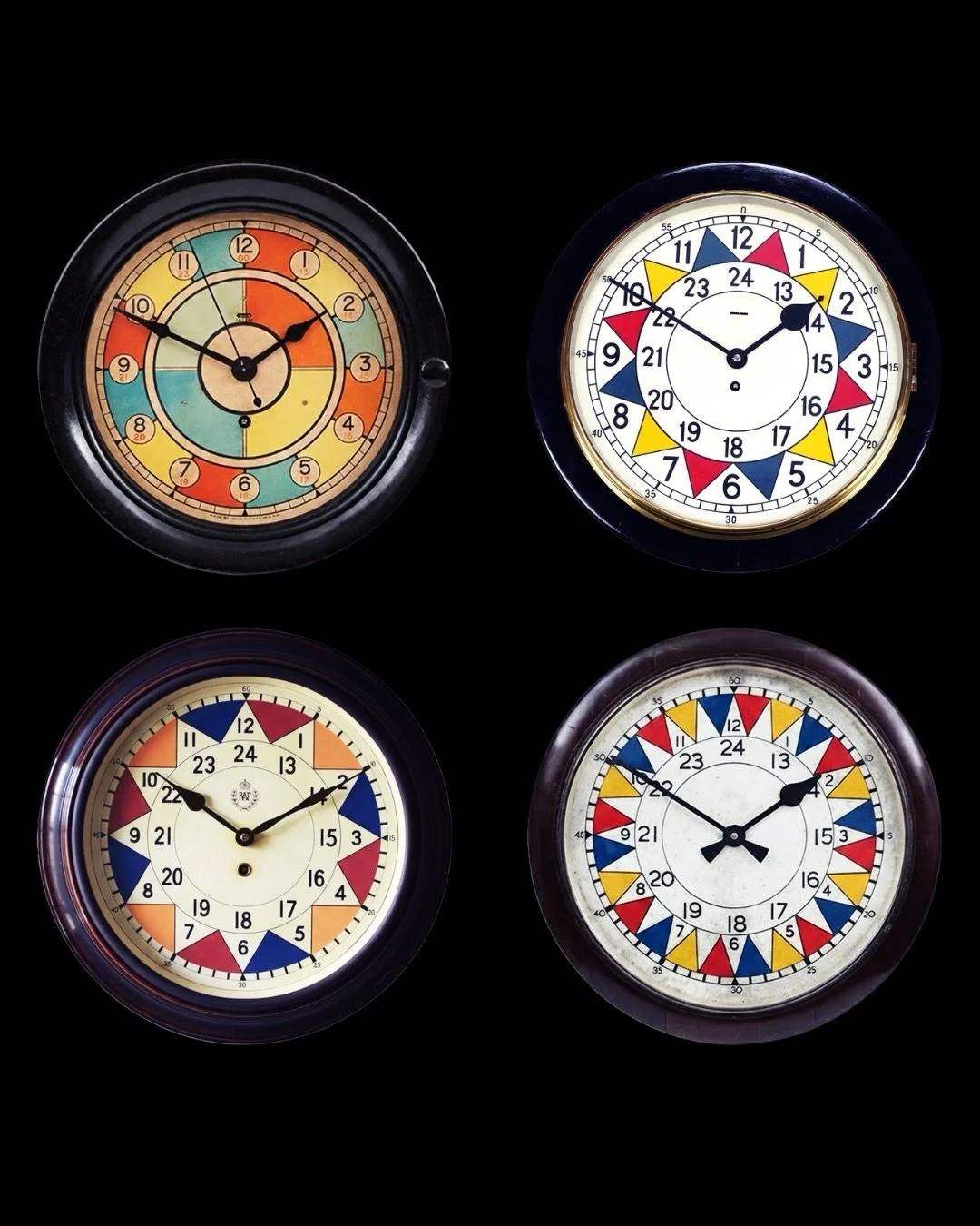 From command rooms to open skies.

Developed for RAF operations, the Sector Clock divided each hour into colour coded five minute segments, allowing controllers to read the freshness of incoming reports instantly. Instead of calculating time stamps, 