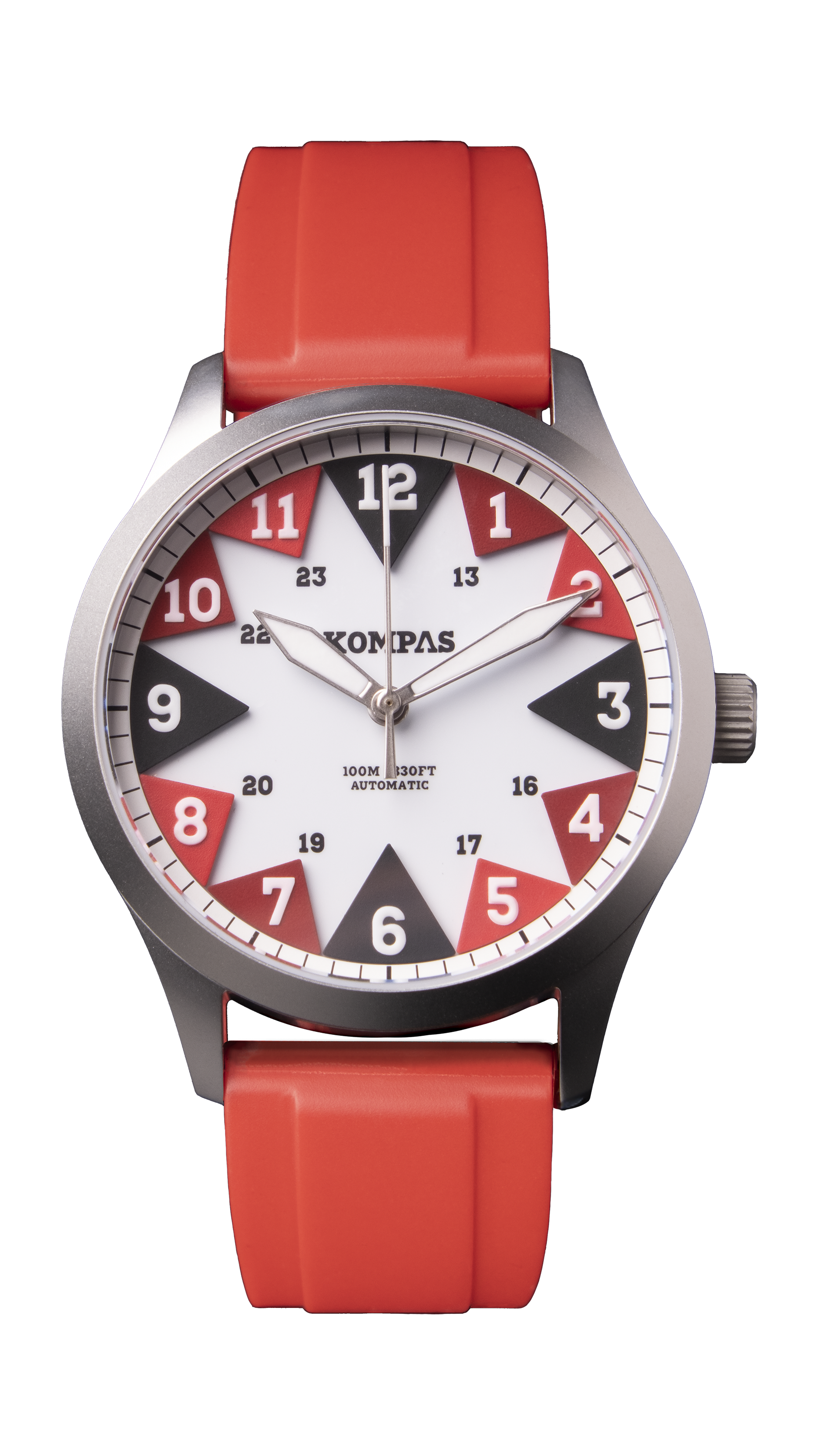A wristwatch with a red strap, black and red hour markers, white dial, and black, red, and white accents on the face.