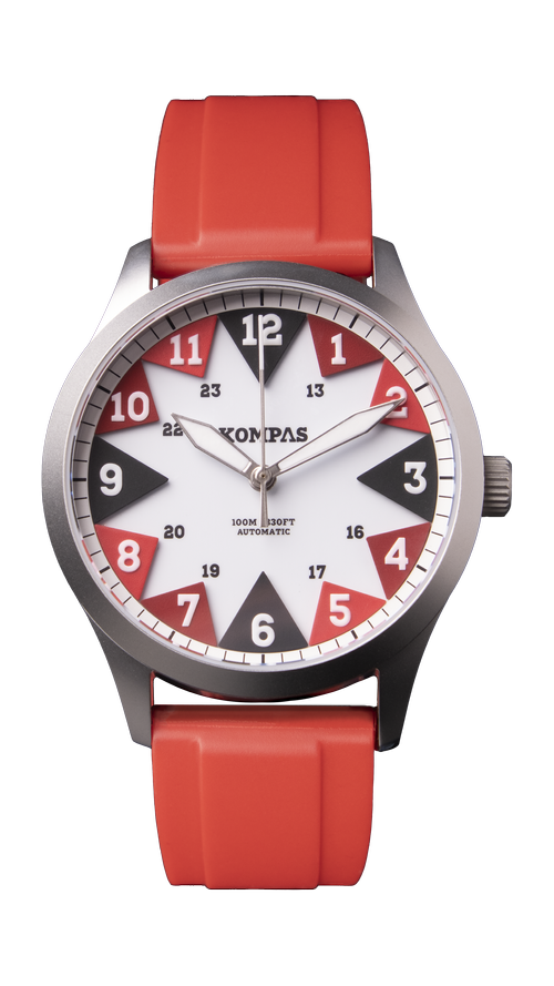 KOMPAS West automatic field watch with red rubber strap
