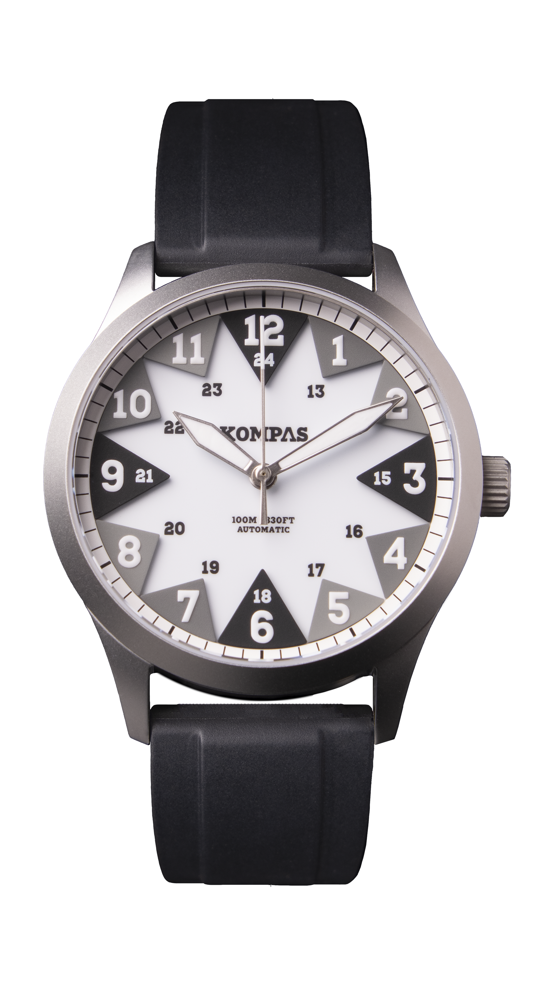 A Kompa wristwatch with a black band, white dial, and black and white hour markers. The watch features a 24-hour inner ring and a date window at 6 o'clock.