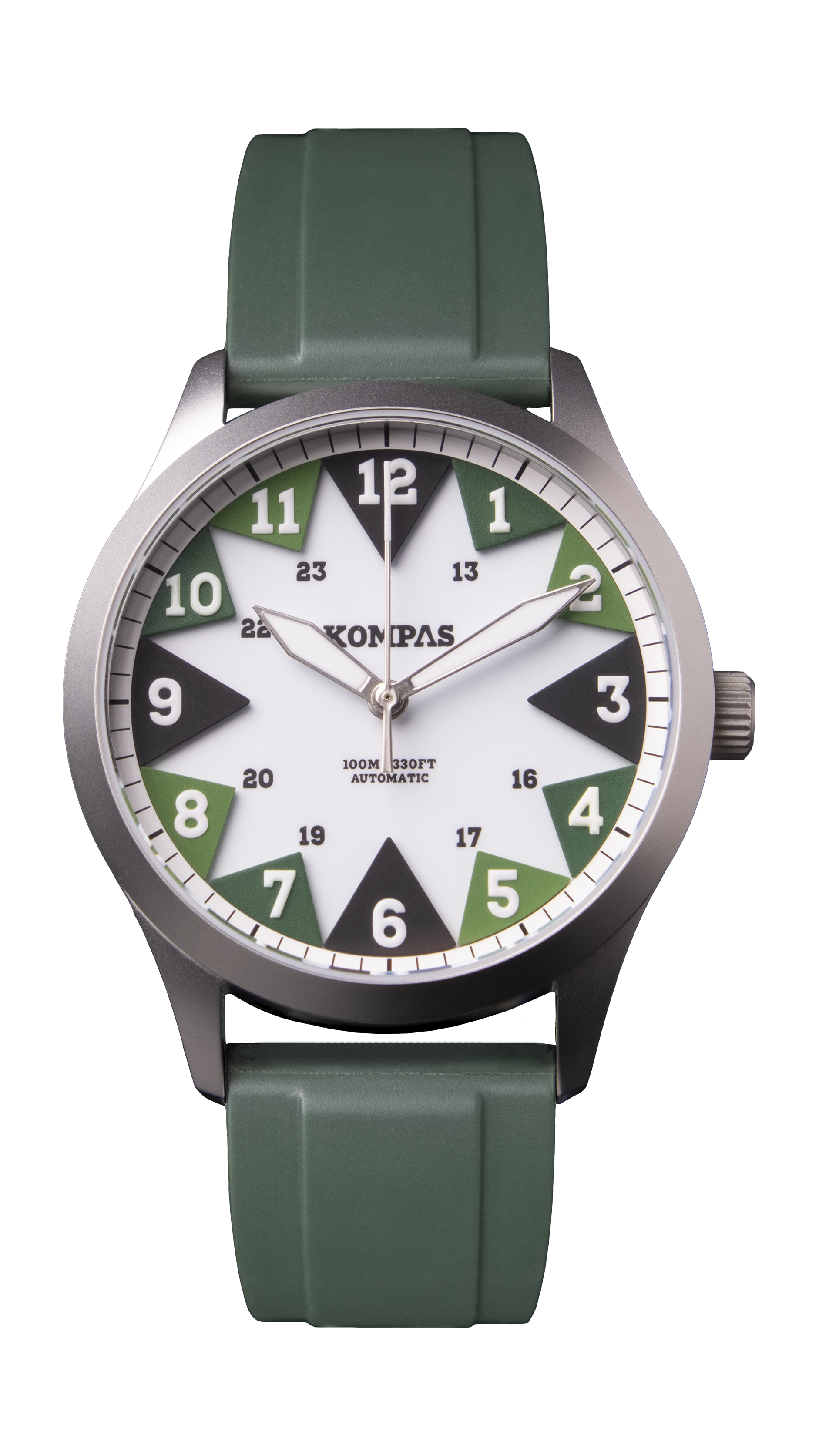 A wristwatch with a green strap, silver case, and a multi-colored dial displaying both 12-hour and 24-hour markings.
