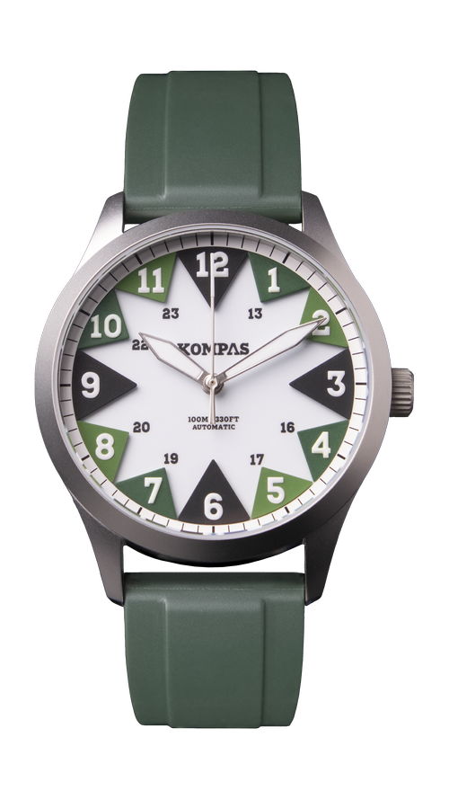 KOMPAS East automatic field watch with green rubber strap
