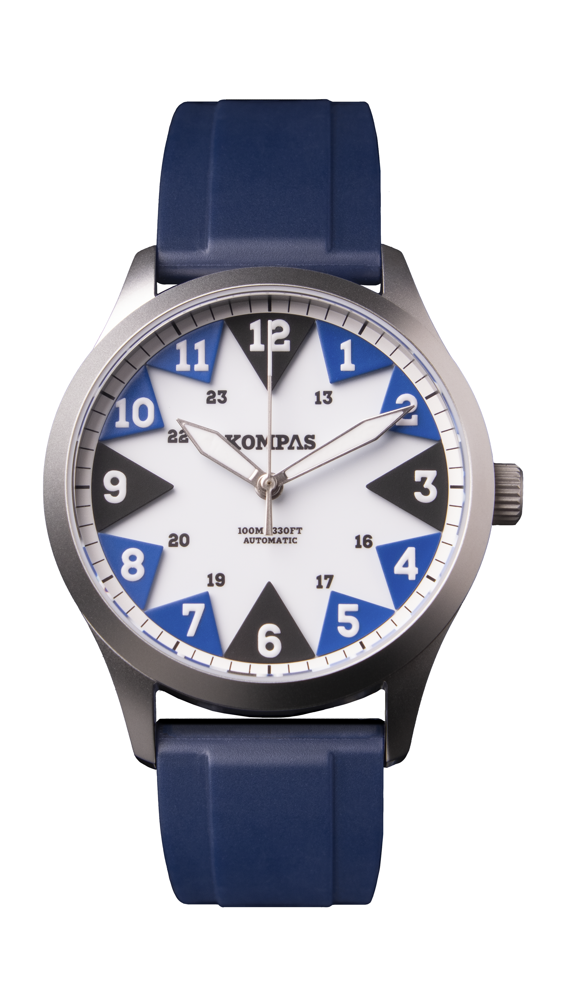A wristwatch with a white dial, black and blue sections, silver casing, and a blue strap, displaying the time as approximately 10:10.