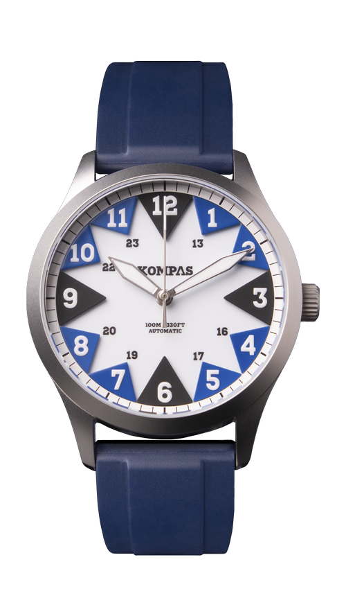 KOMPAS South automatic field watch with blue rubber strap