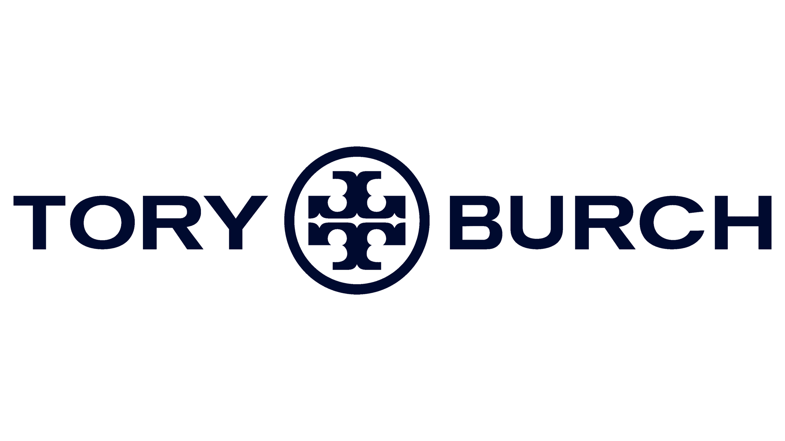 Tory Burch logo with double T emblem in circle and stylized lettering.