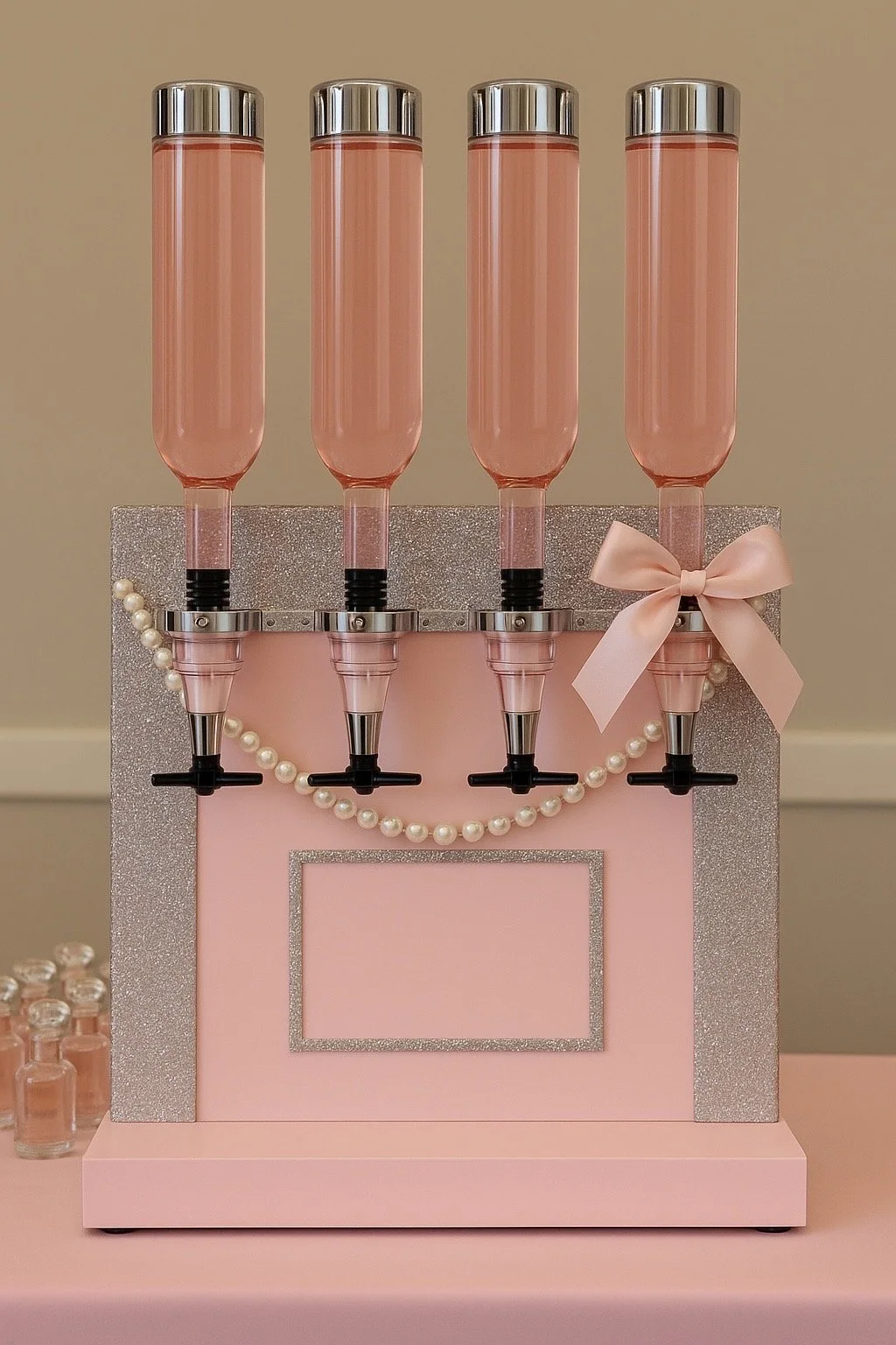 A luxury blush-pink perfume bar with four refillable rose-colored fragrance dispensers, silver accents, and a pearl garland, styled with a satin bow. Designed by Blush & Bliss by Mya, this upscale scent bar is a popular interactive entertainment stat