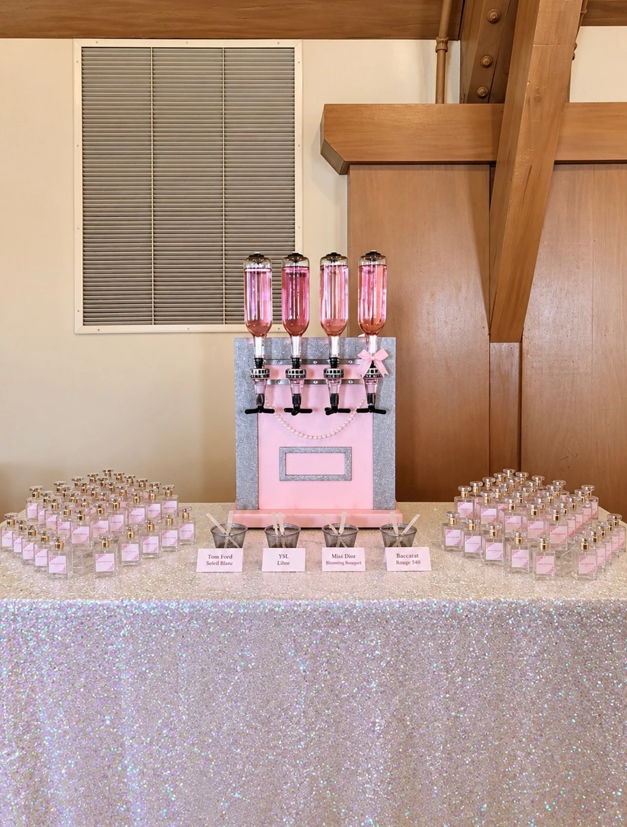 LoveShackFancy-inspired perfume bar activation station, featuring personalized perfume bottle labels, created for a Bat Mitzvah celebration in Long Grove, Illinois, by Blush & Bliss by Mya.