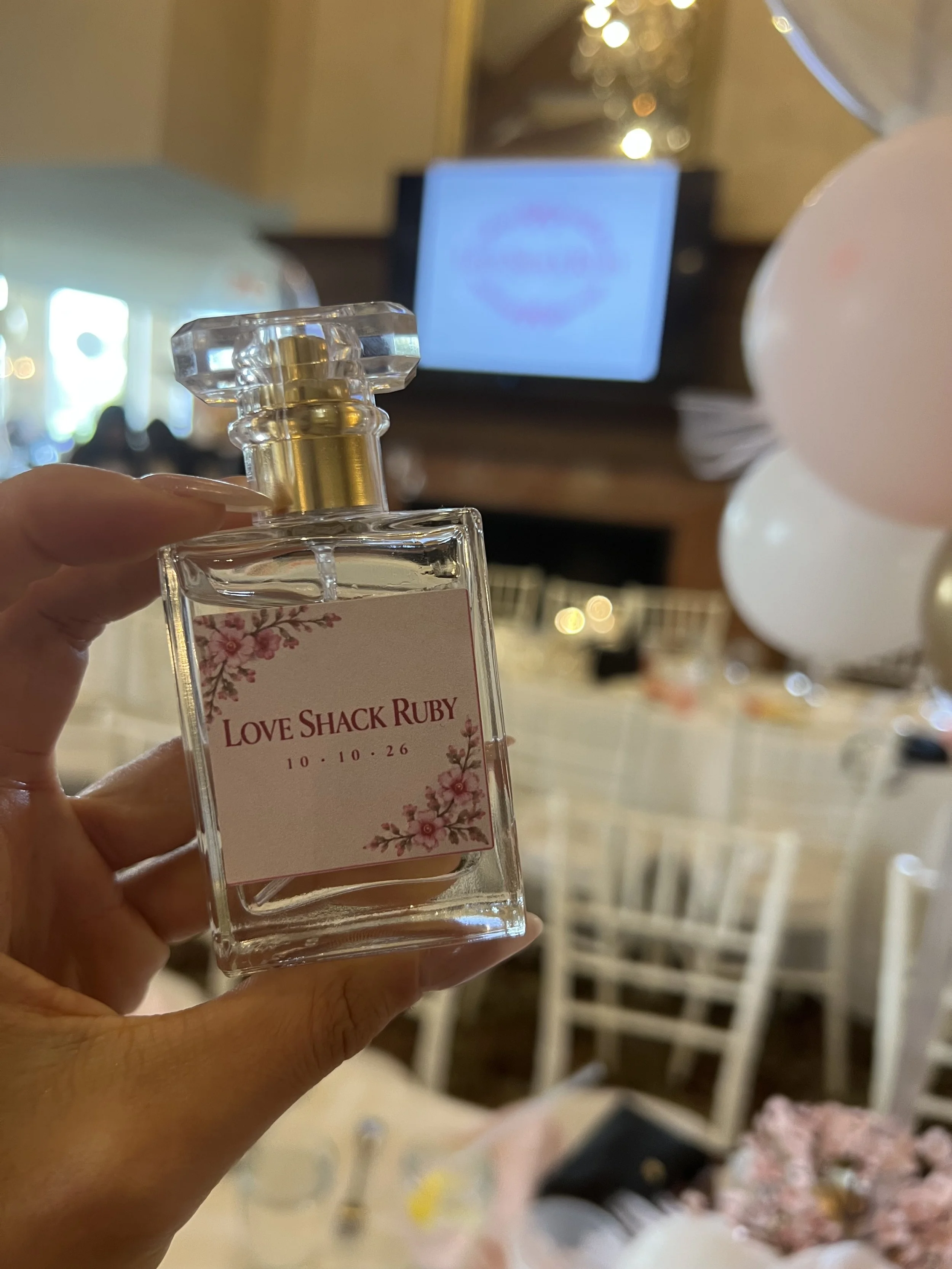 Personalized LoveShackRuby perfume-bottle party favor created by Blush & Bliss by Mya for a bat mitzvah celebration in Long Grove, Illinois.