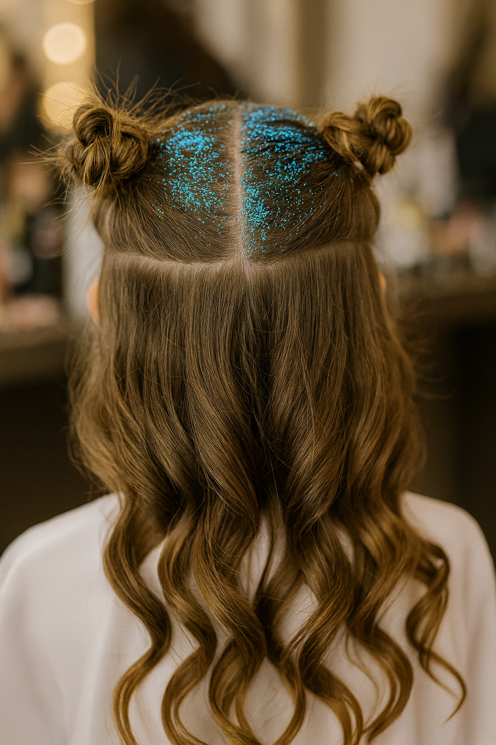 Glam party hairstyle with mini space buns, loose curls, and vibrant blue glitter roots created at a Sweet Sixteen birthday party celebration in Glencoe. A fun, stylish look from the Blush & Bliss by Mya glam bar/glitter bar event entertainment experi