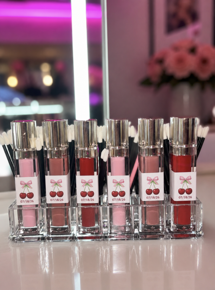 Personalized lip gloss party favors displayed at an interactive lip gloss station in Highland Park by Blush & Bliss by Mya for Chicago birthday parties, Bat Mitzvahs, and Sweet 16s.
