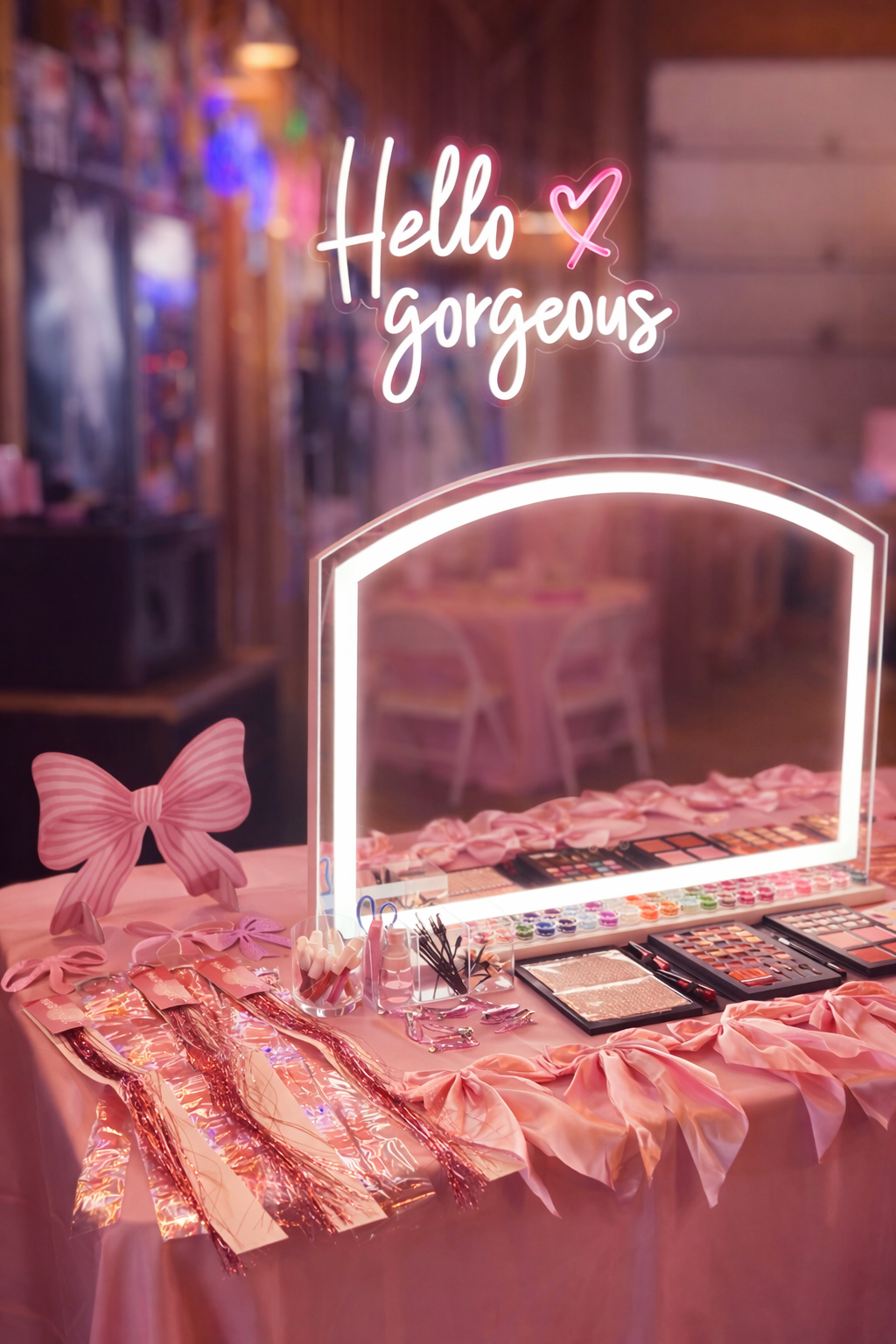 Luxury Glam Bar station by Blush & Bliss by Mya featuring hair styling, makeup, and beauty experiences for birthday parties, Bat Mitzvahs, and Sweet Sixteens in Chicago, Glencoe, Highland Park, Winnetka, and surrounding North Shore suburbs.