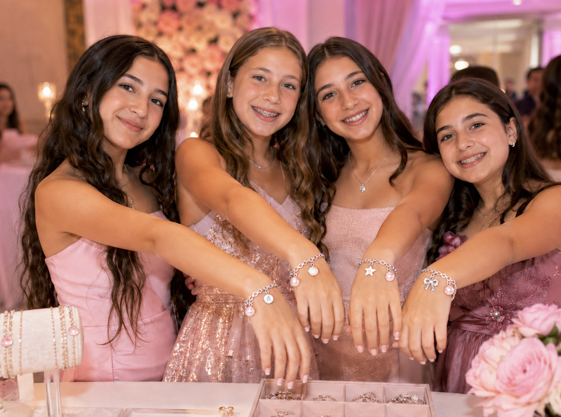 Teen guests at a Chicago-area Bat Mitzvah show off custom charm bracelets they created at an interactive charm bracelet-making station by Blush & Bliss by Mya.