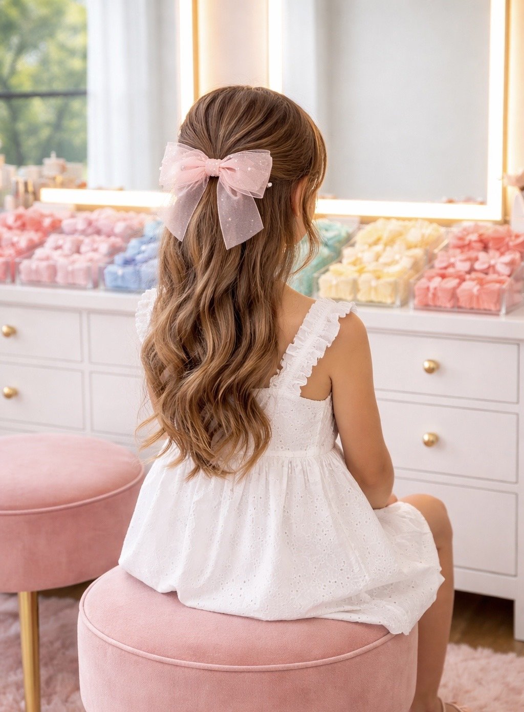 Hair bow station at a chic kids spa birthday party, featuring a young girl seated on a blush velvet stool with a soft pink bow in her hair, facing glowing arched vanity mirrors. Pastel hair accessories are neatly arranged on a white dresser with gold