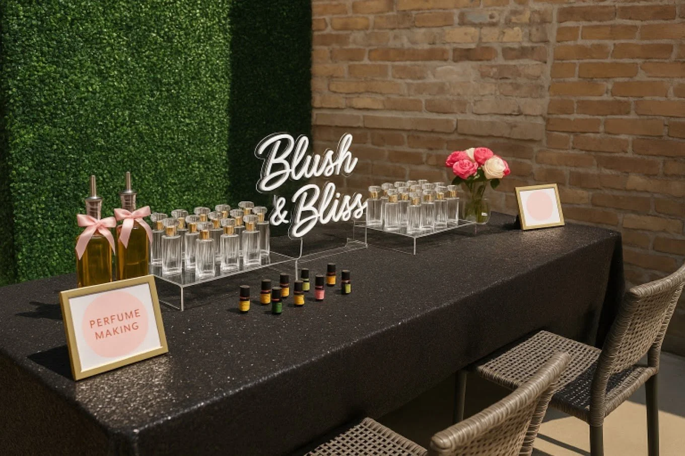 Luxury perfume bar, perfume-making station by Blush & Bliss by Mya, featuring clear glass fragrance bottles, custom scent oils, and a chic black sparkle tablecloth. Styled with pink ribbon details, a branded acrylic sign, and fresh roses, this setup 