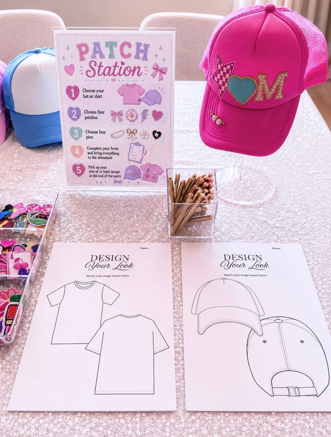 Custom Patch Station by Blush & Bliss by Mya featuring personalized trucker hats, colorful patches, pins, and design sheets for Bat Mitzvahs, birthdays, Sweet 16s, and Chicago-area events.
