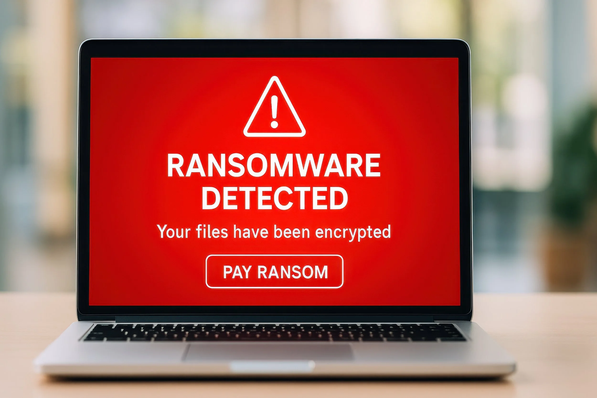 Laptop screen displaying a ransomware warning message