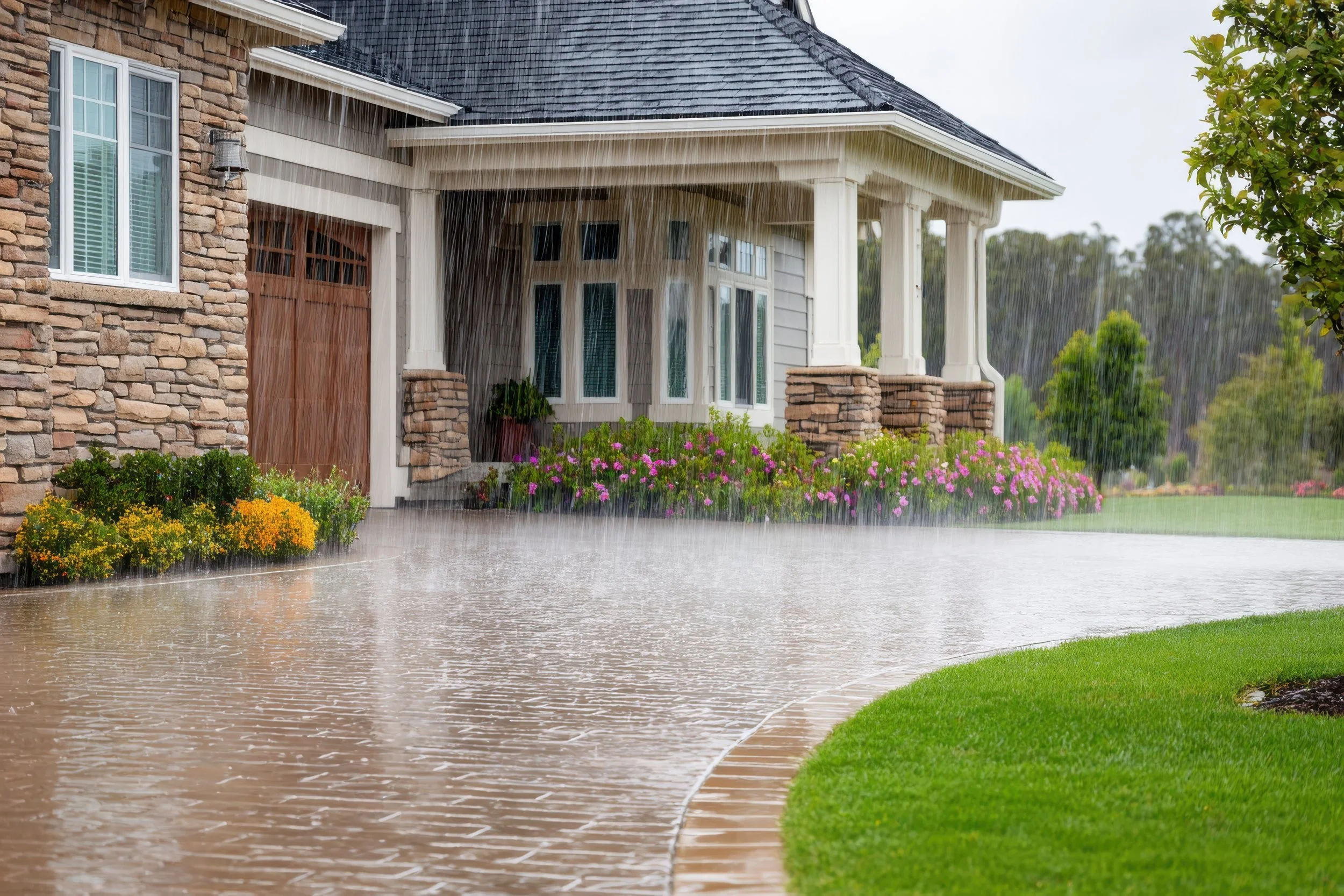 Pennsylvania home during spring rainstorm with heavy rainfall and dark clouds overhead