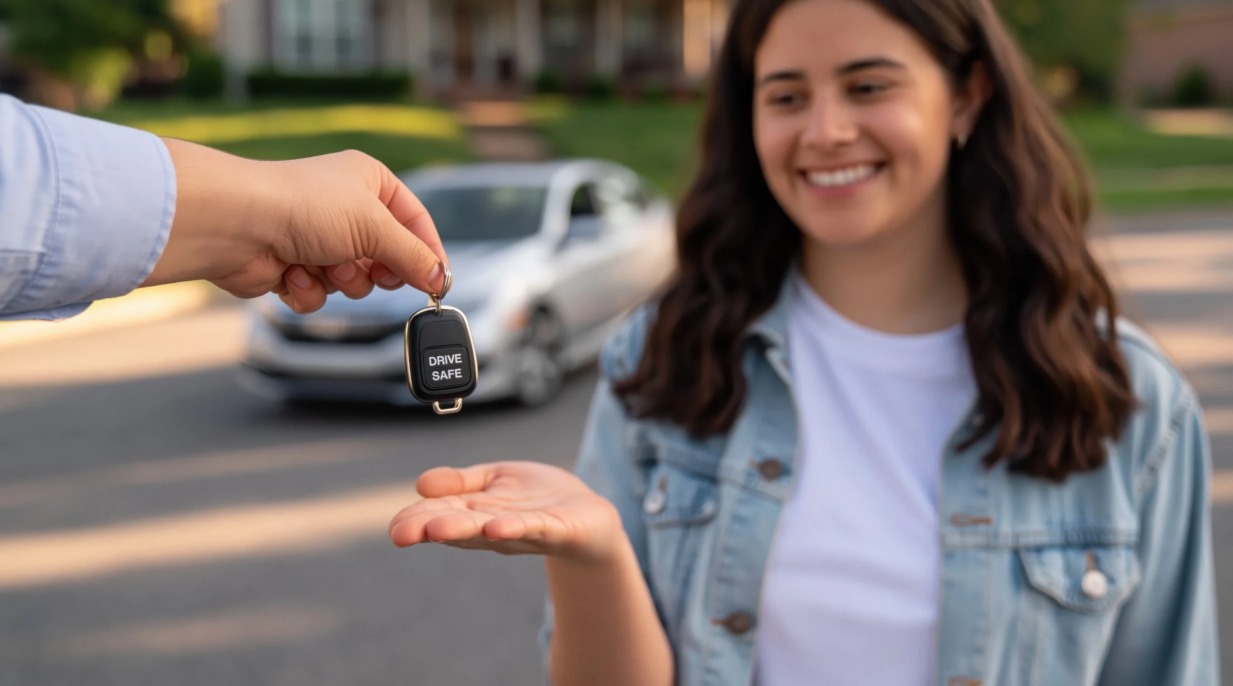 Parent handing car keys to a teen driver who needs to be added to the insurance policy