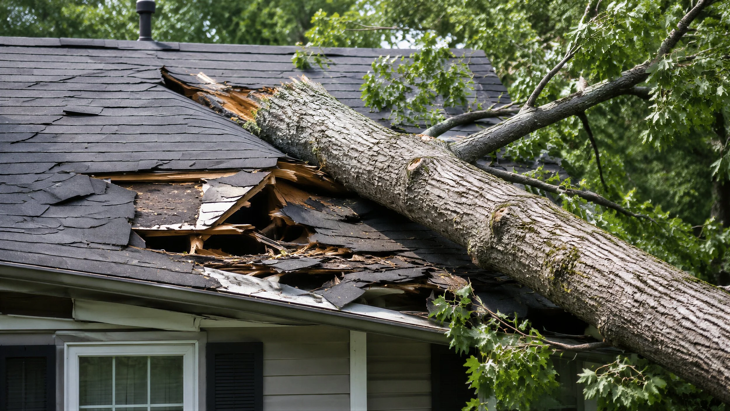 Storm damage to a residential roof after severe weather that increases homeowners insurance premiums