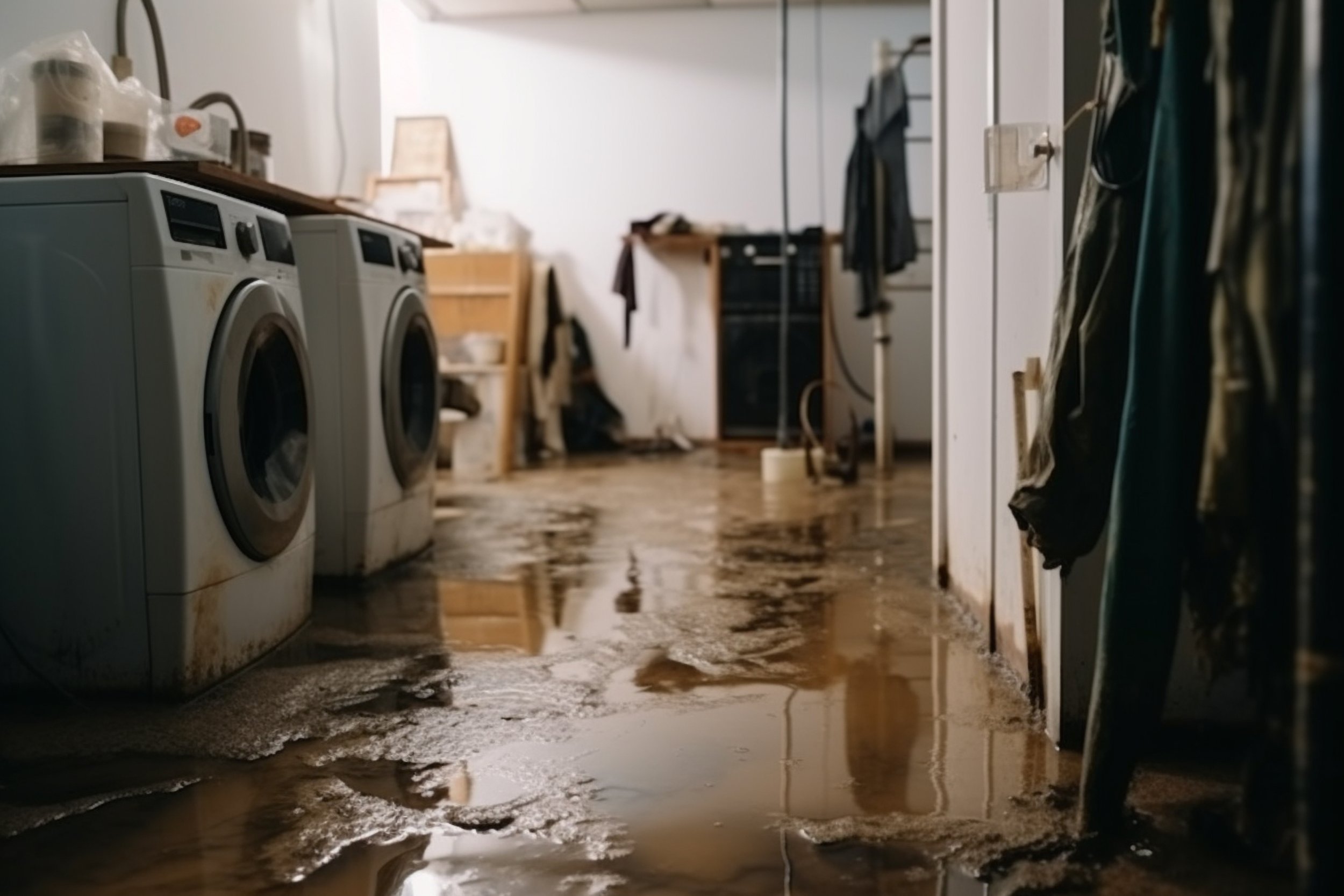 Flooded basement with standing water from spring storm damage