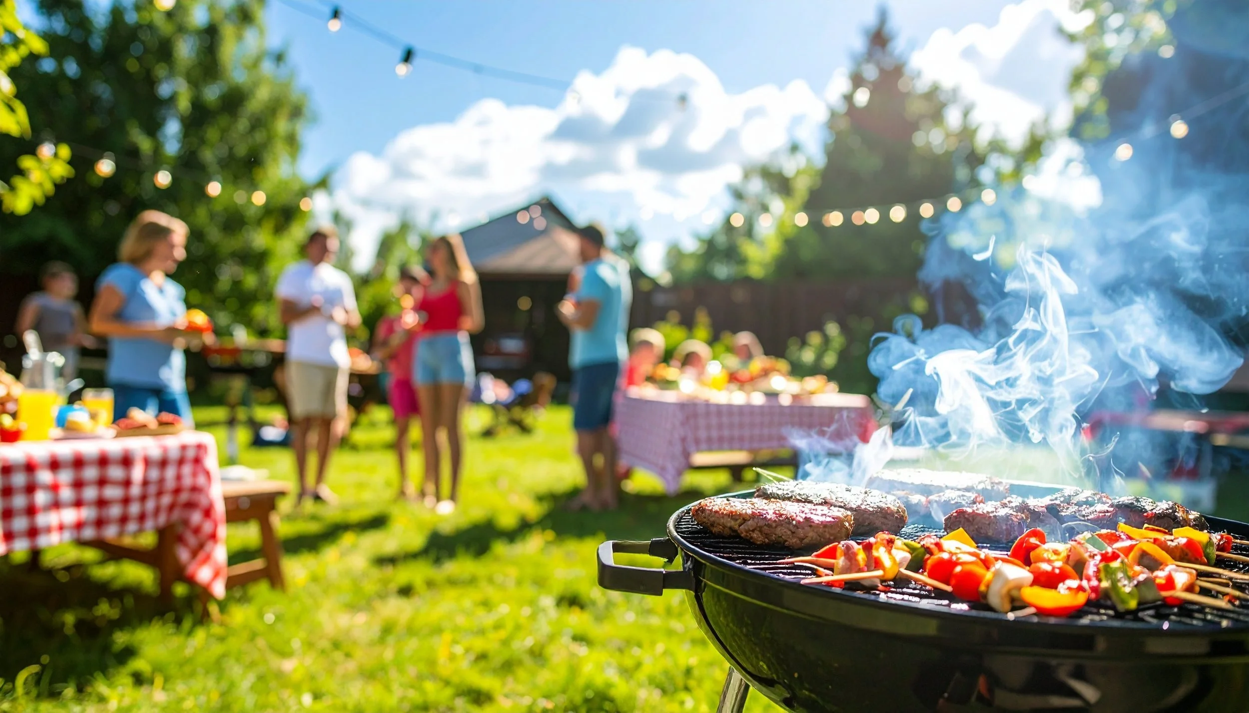 Friends gathered around a backyard grill during a Memorial Day cookout
