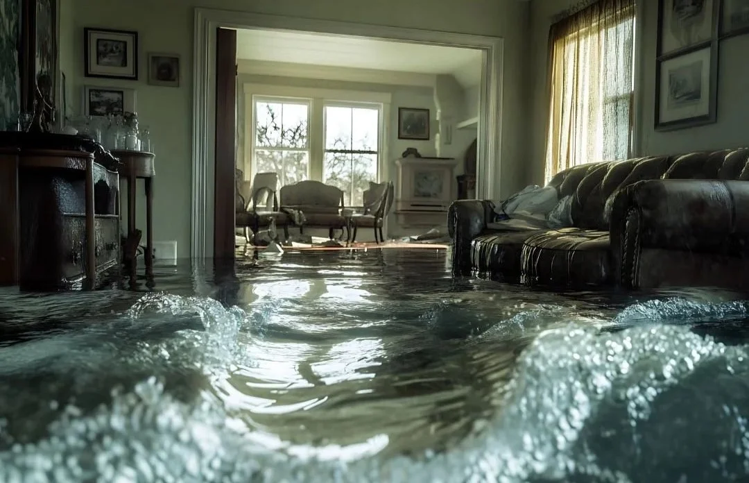 Water damage spreading across a home’s floor after a burst pipe, illustrating how homeowners insurance covers repairs and restoration.