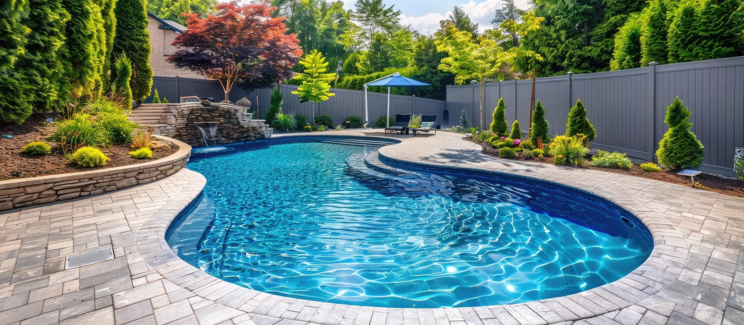 "Fenced-in backyard swimming pool with a stone patio and landscaping at a residential home on a sunny summer day