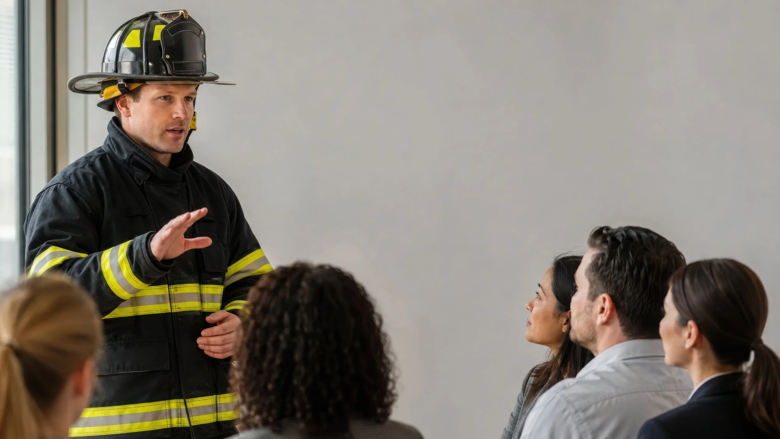 Firefighter giving a fire safety presentation to members of the community