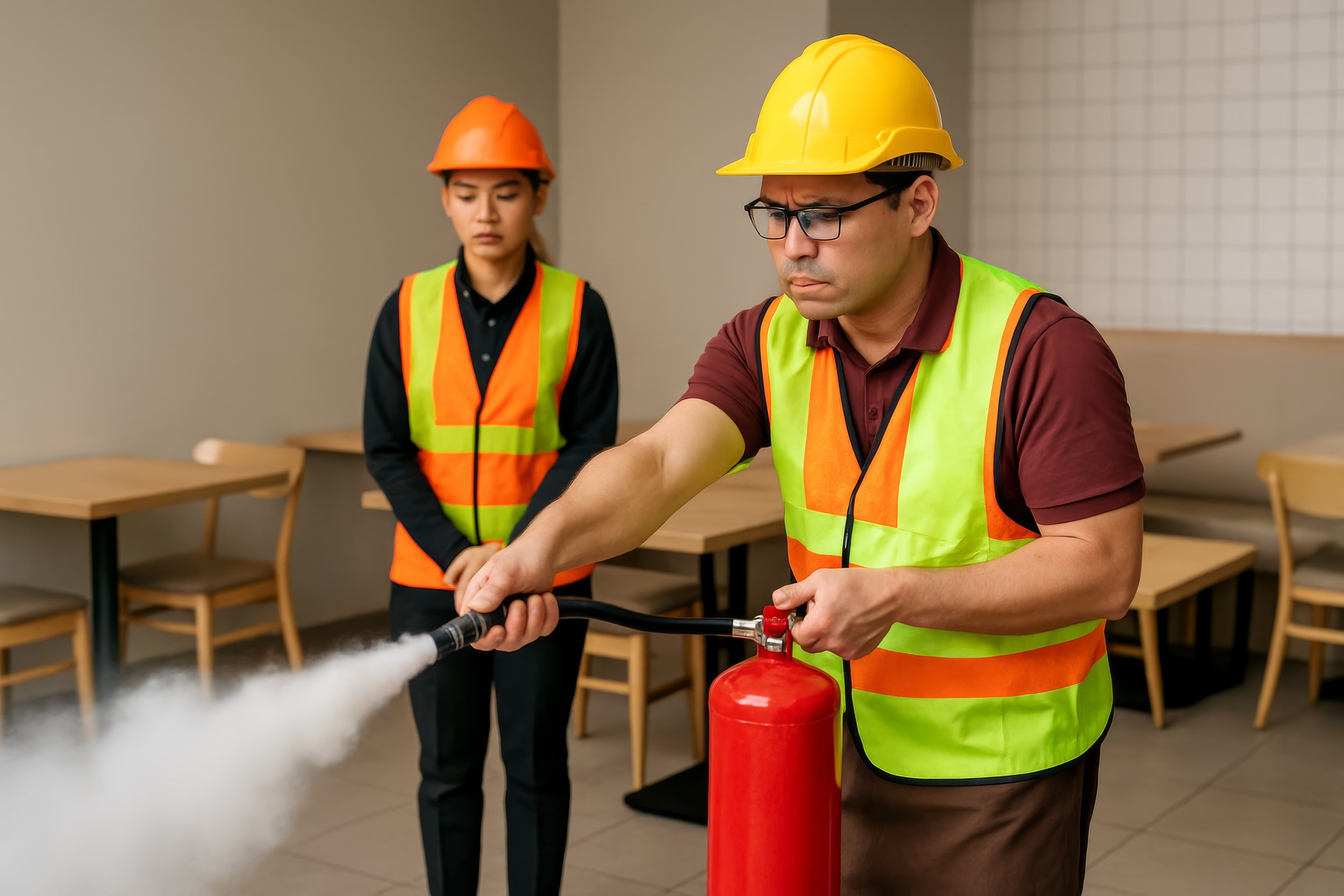 Employees practicing with a fire extinguisher during workplace fire safety training