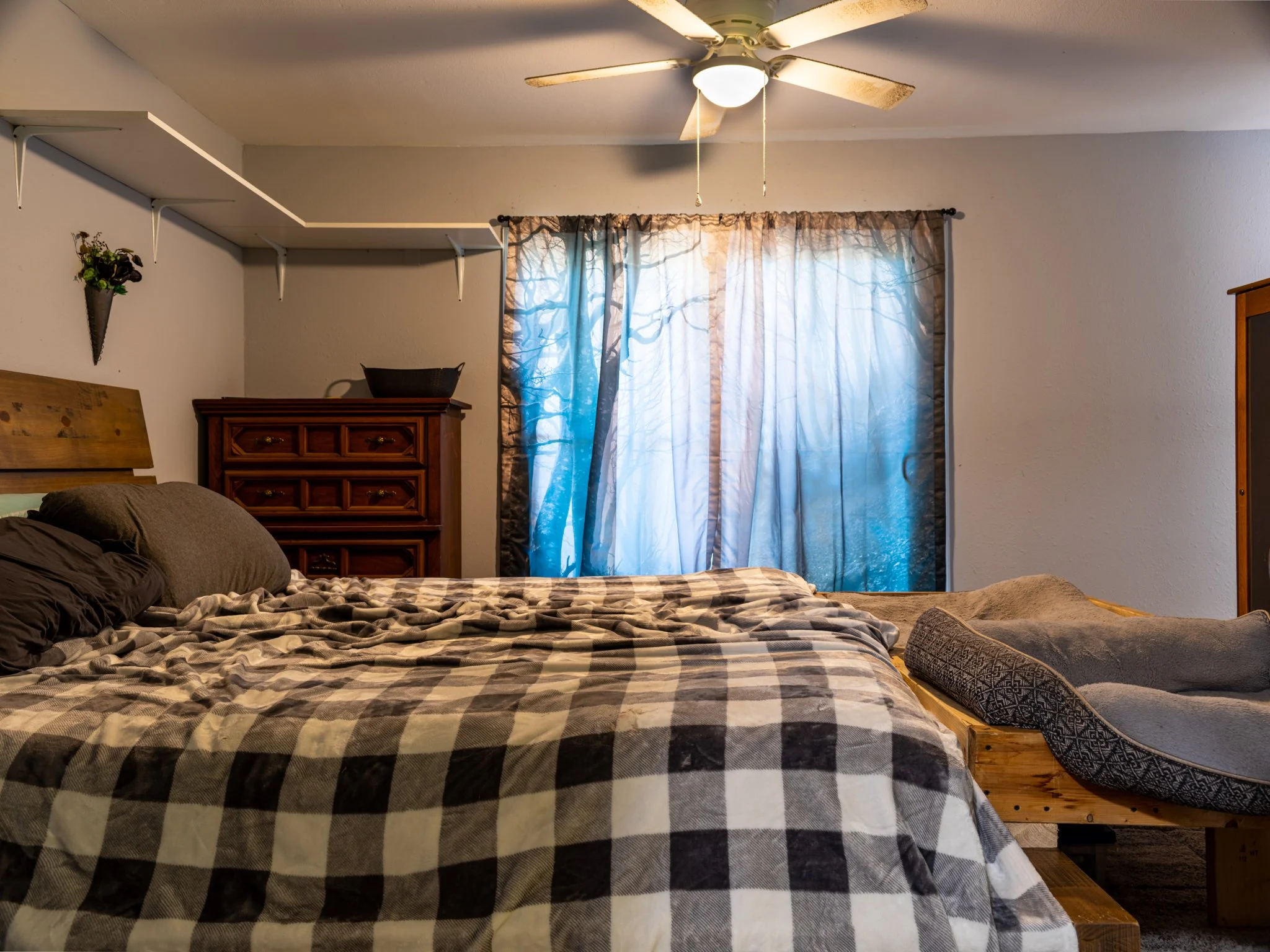 A bedroom with a bed covered in a black and white checkered blanket, black pillows, and a gray headboard. There is a wooden dresser against the wall with a black basket on top. A window with blue curtains depicts a forest scene with trees. A ceiling 