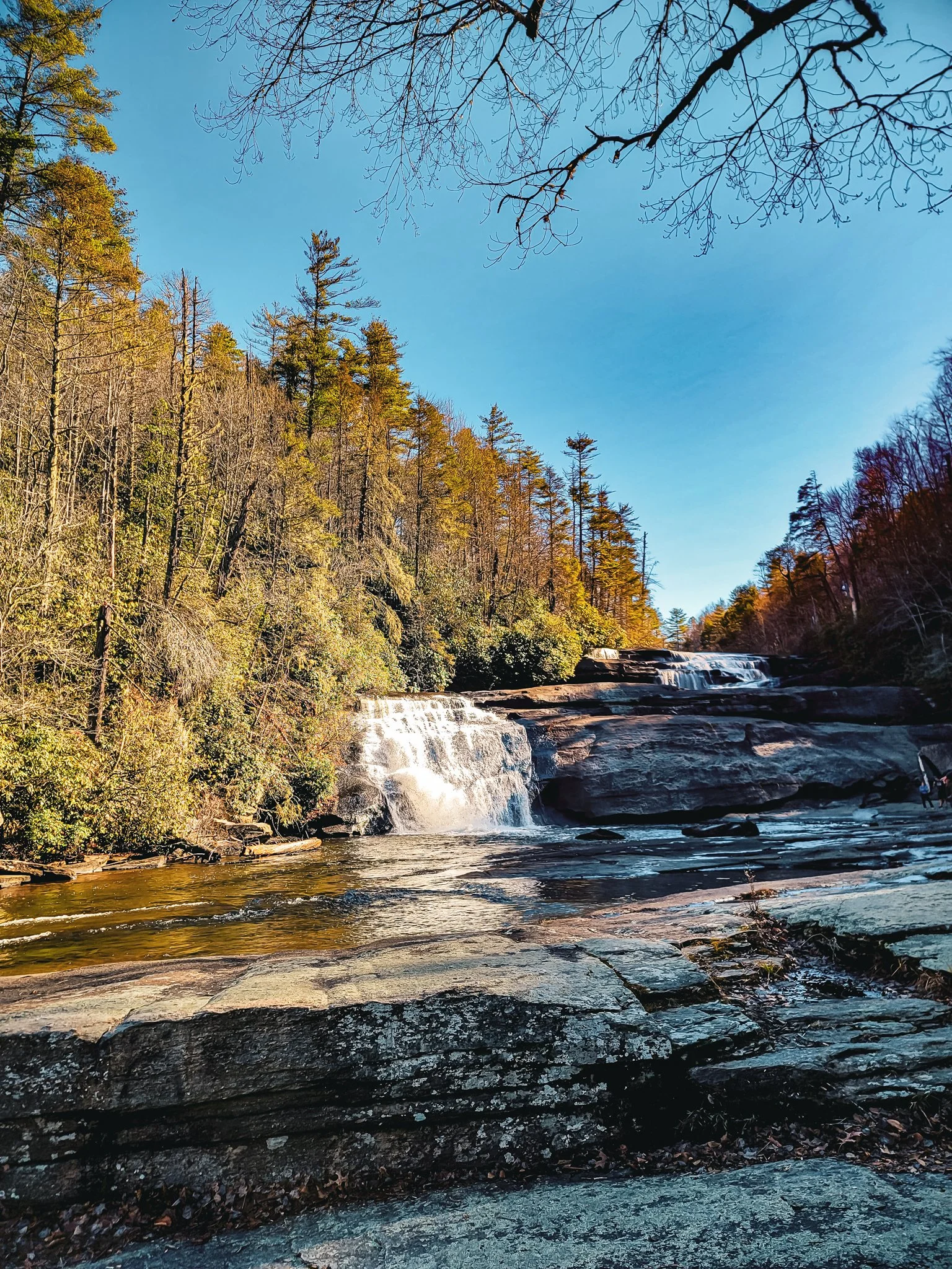 Scenic view of a waterfall cascading over rocks surrounded by trees with autumn foliage under a clear blue sky.