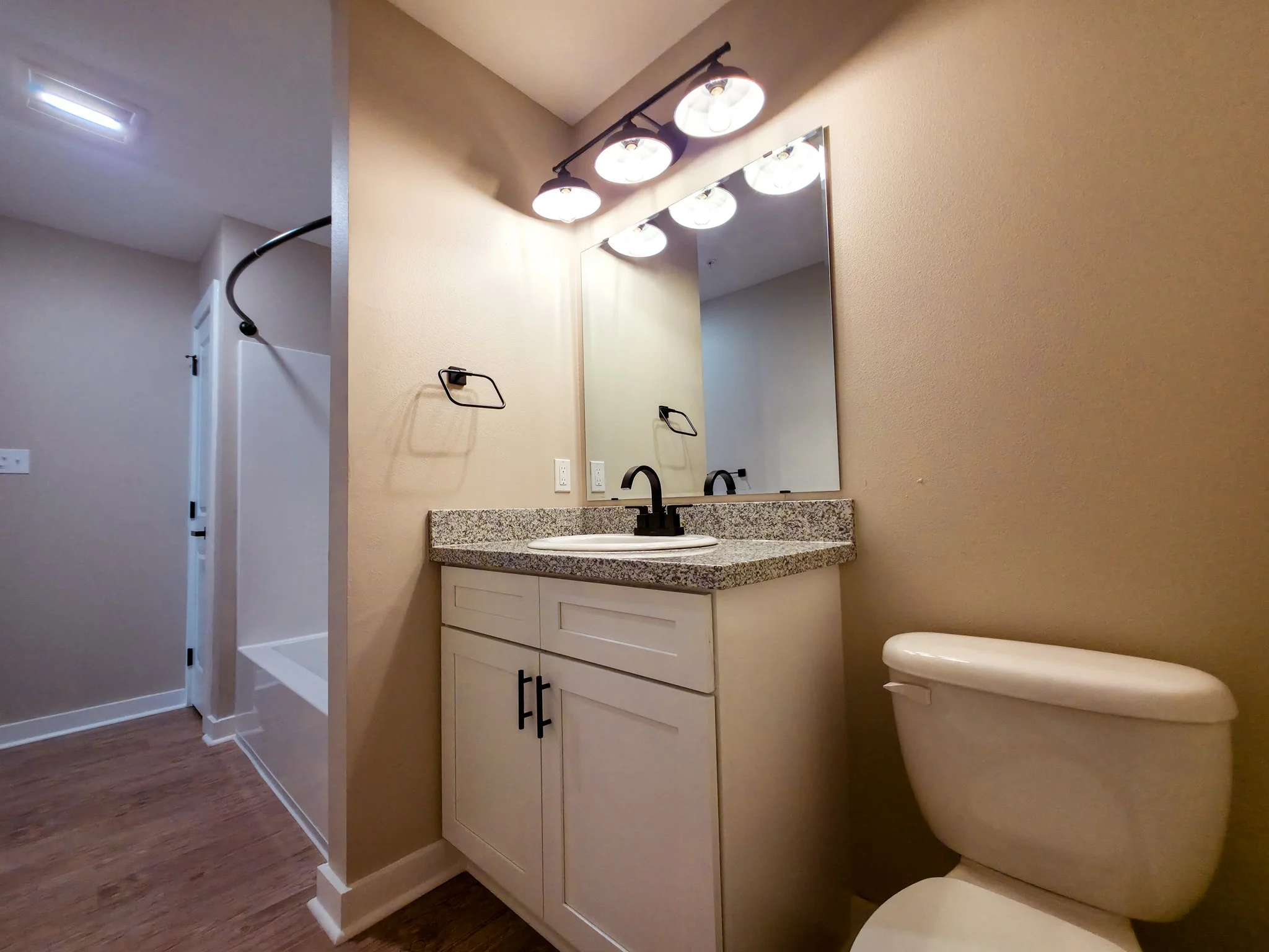 Bathroom with a vanity, granite countertop, mirror, light fixture, toilet, and shower area.