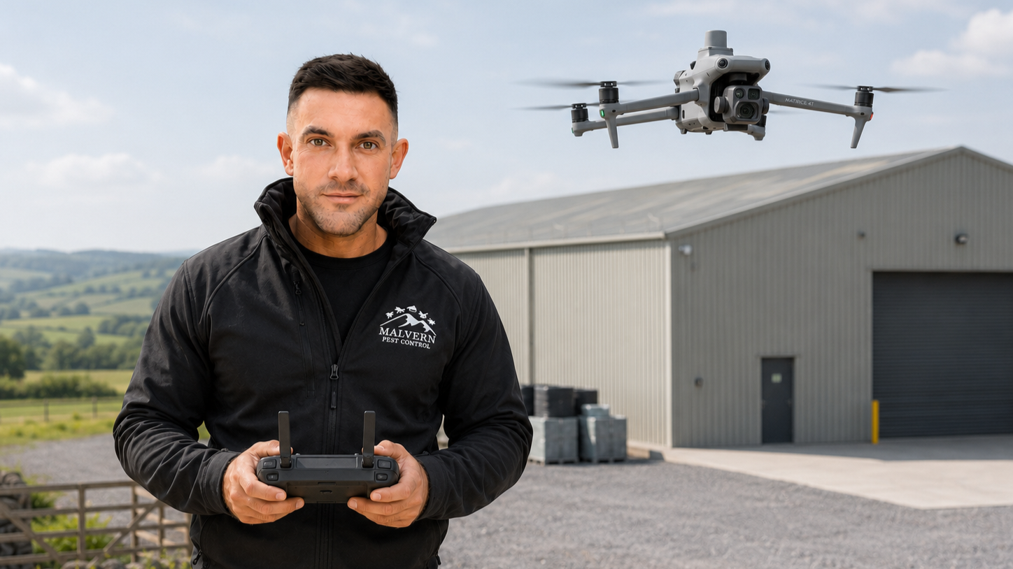 A man standing outdoors holding a drone controller, with a drone flying in the air behind him. He is wearing a black jacket with a logo that reads 'Malvern Pest Control' and is in front of a large industrial building with an overcast sky.