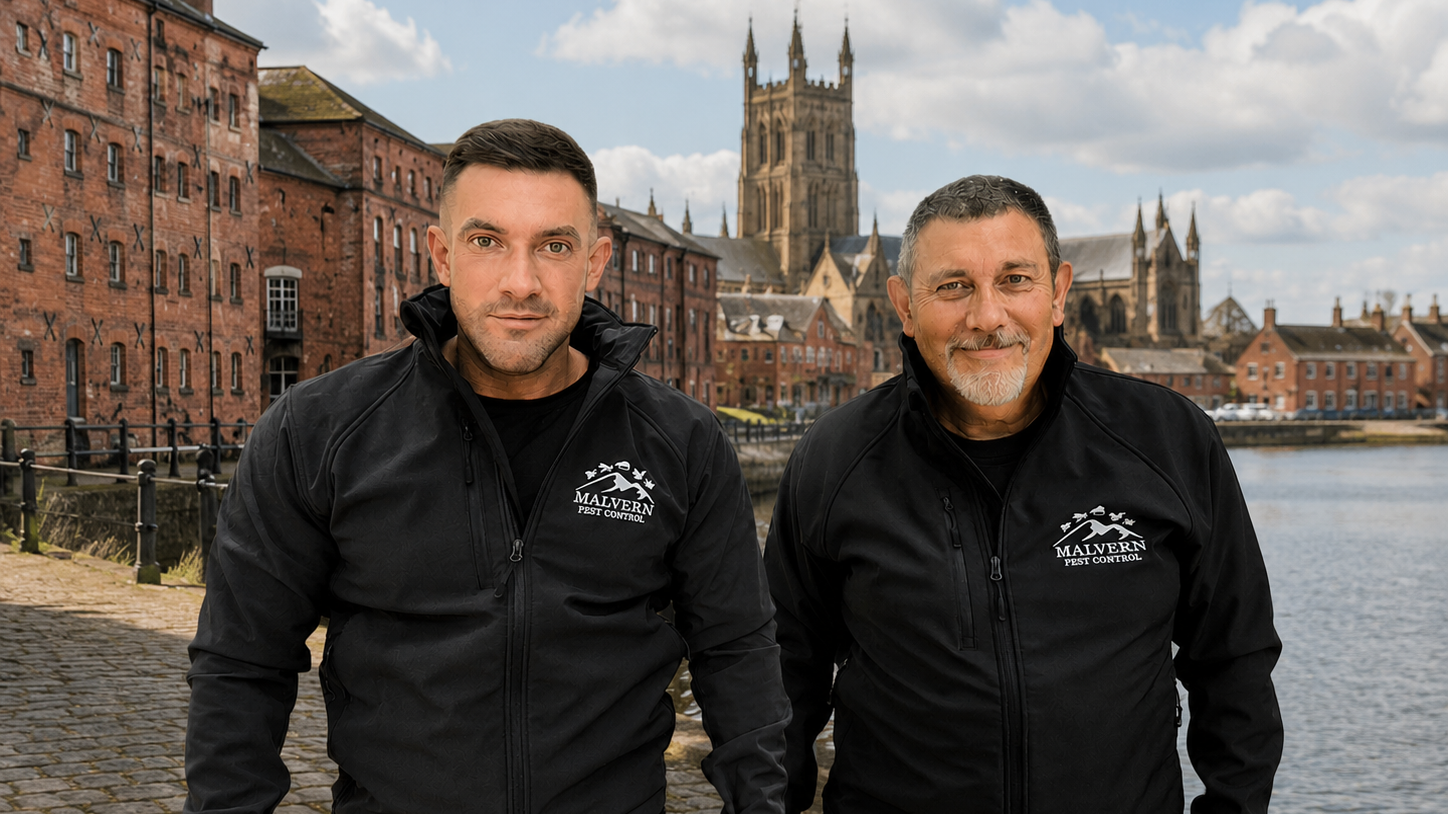 Two men in black Malvern pest control jackets standing by a river with historic brick buildings and a cathedral in the background.