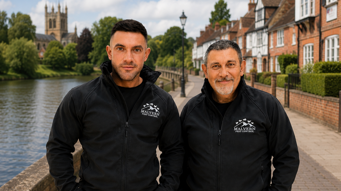 Two men wearing black jackets with a pest control company logo, standing by a river on a residential street with trees and brick houses.