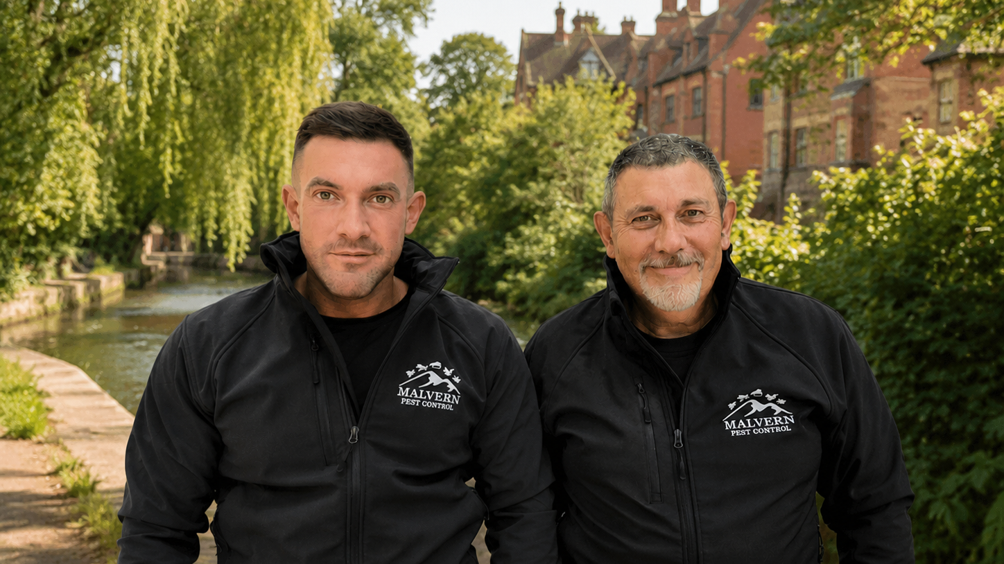 Two men standing outdoors near a small stream, both wearing black Malvern Pest Control jackets, smiling with trees and a brick building in the background.